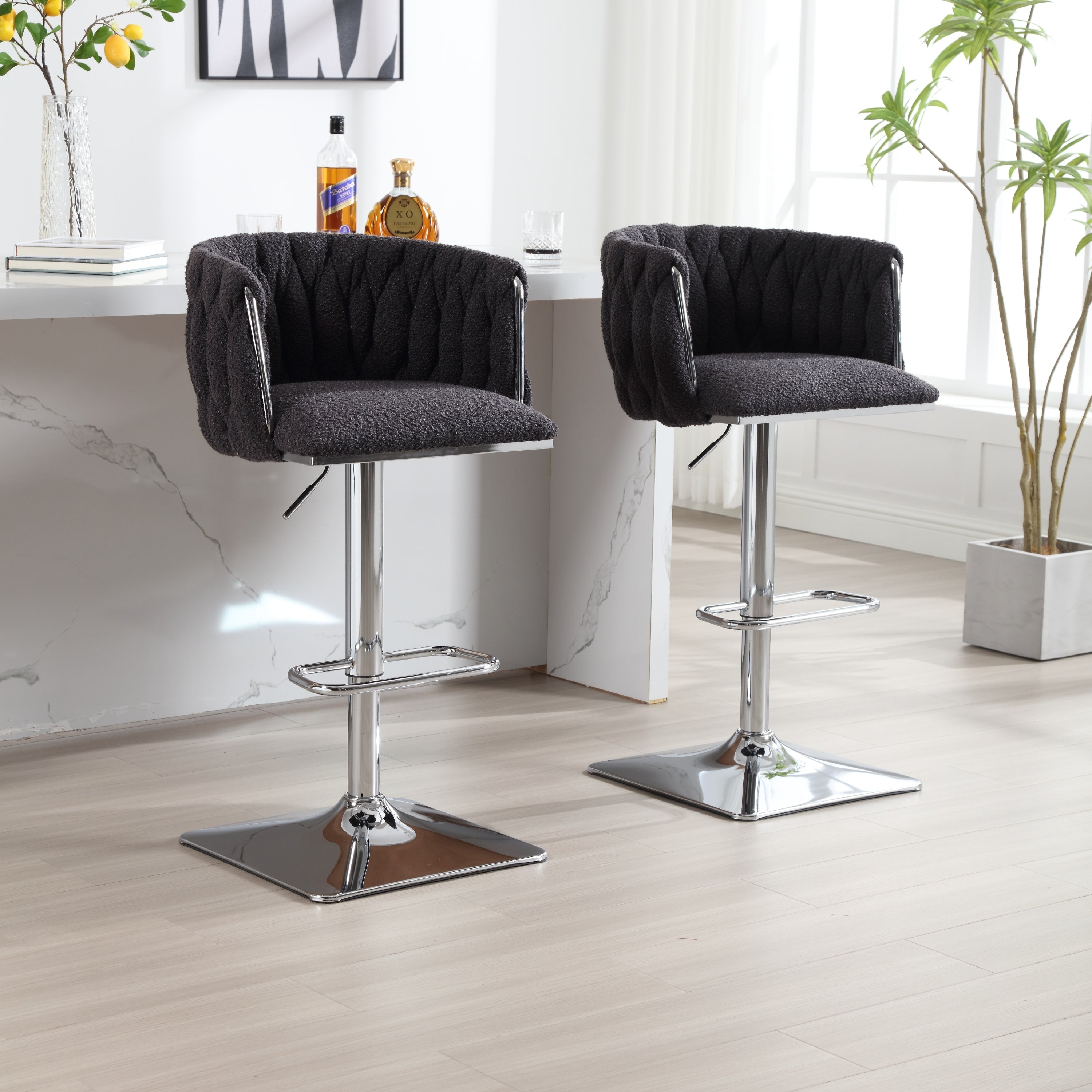 Set of 2 Modern Boucle Fabric Swivel Adjustable Height Barstools with Chromed Base