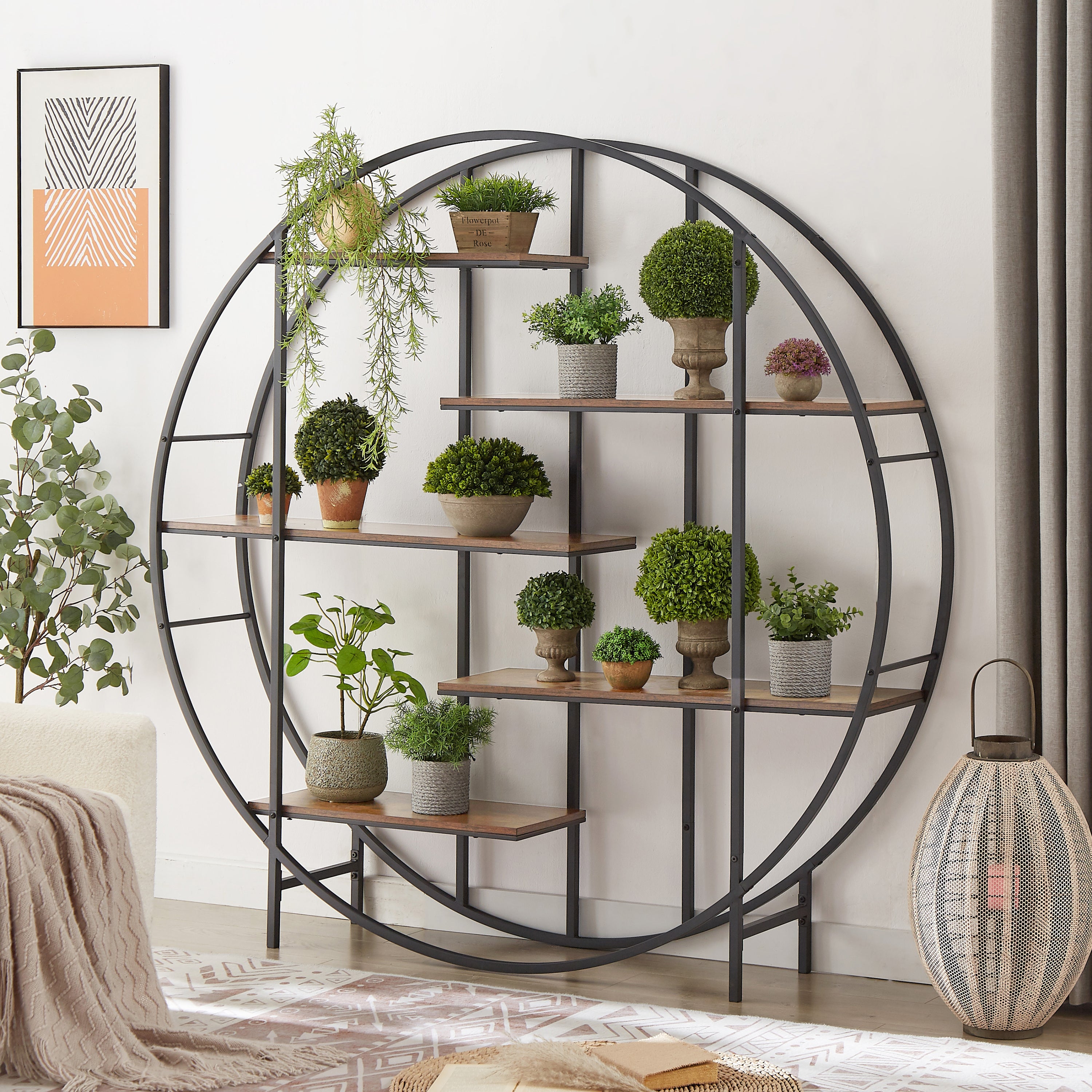 67" Diameter Rustic Brown Round Storage Bookcase Display Stand Black Metal Frame