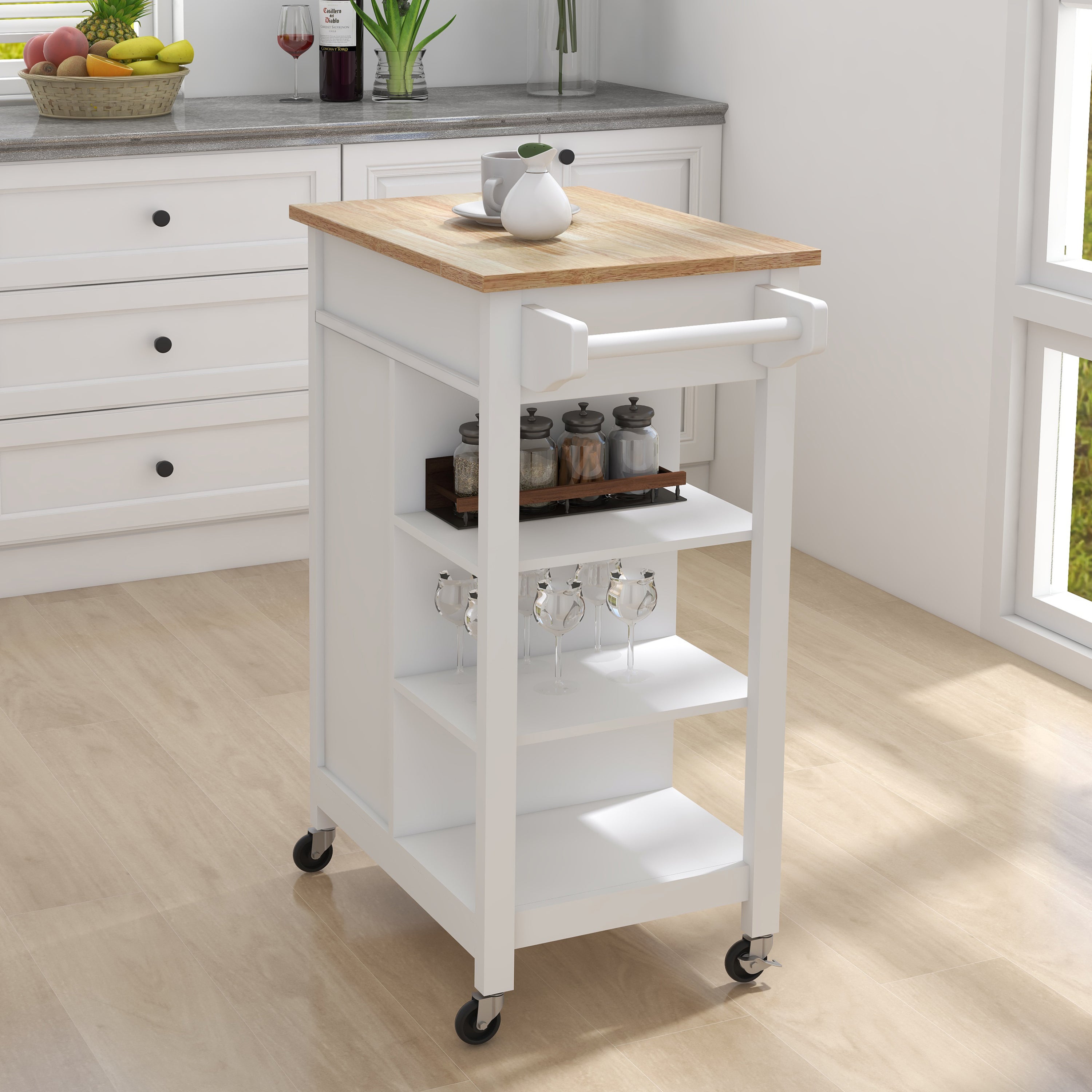 Small Space Kitchen Rolling Cart with Towel Rack and Solid Wood Top