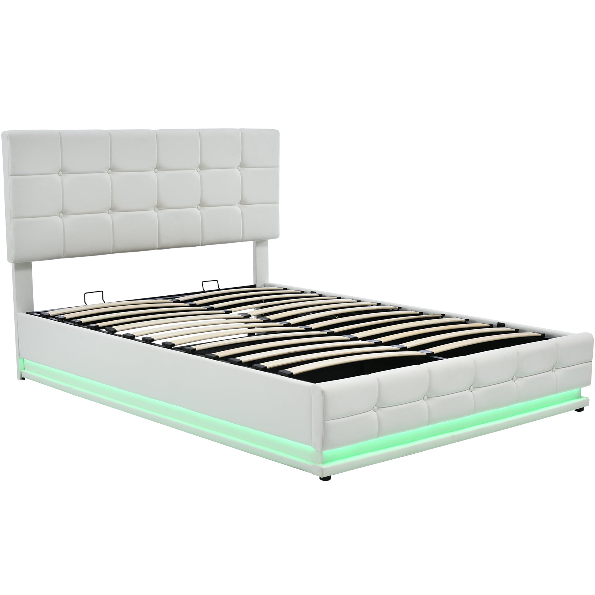 Kosmo White Queen Tufted Faux Leather Hydraulic Lift Platform Storage Bed With LED Light, USB Charger