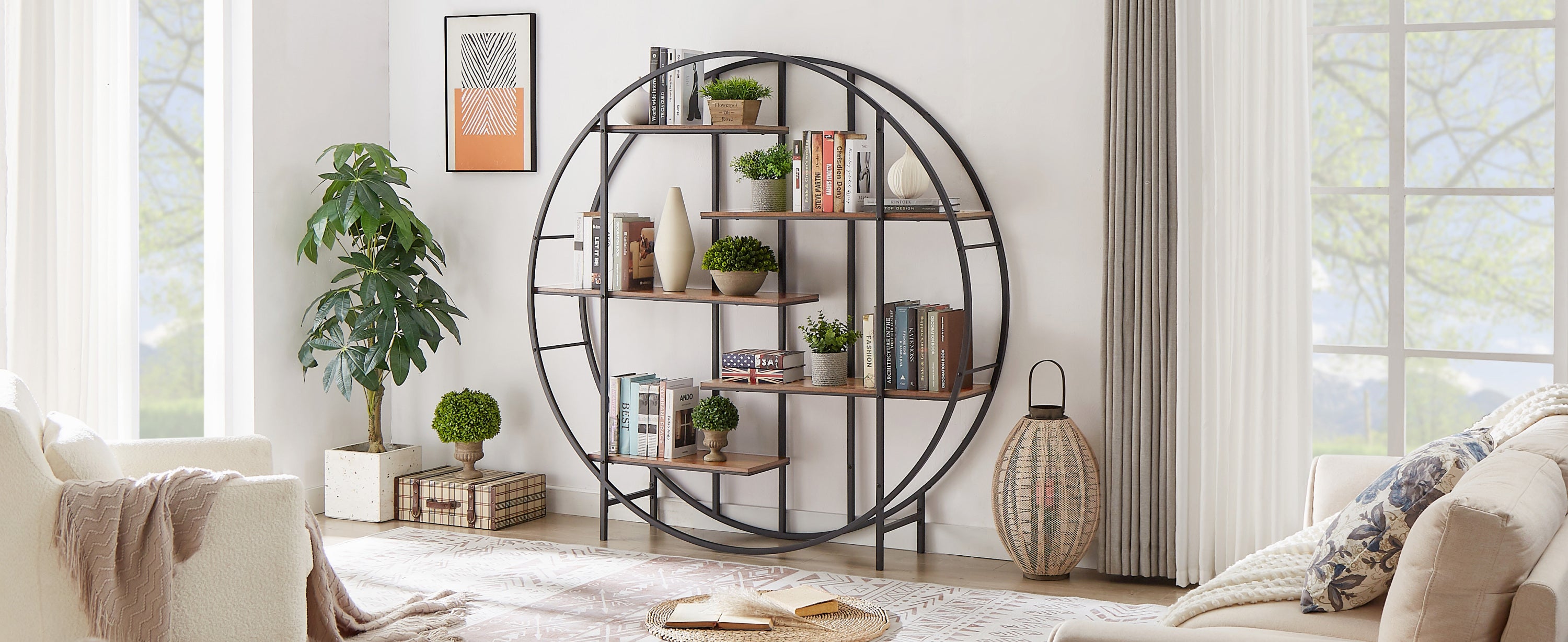 67" Diameter Rustic Brown Round Storage Bookcase Display Stand Black Metal Frame