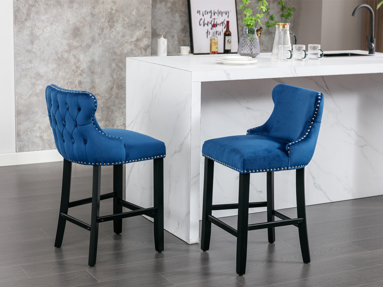 Set of 2 Blue Velvet Counter Stools With Tufted Back and Nailhead Trim