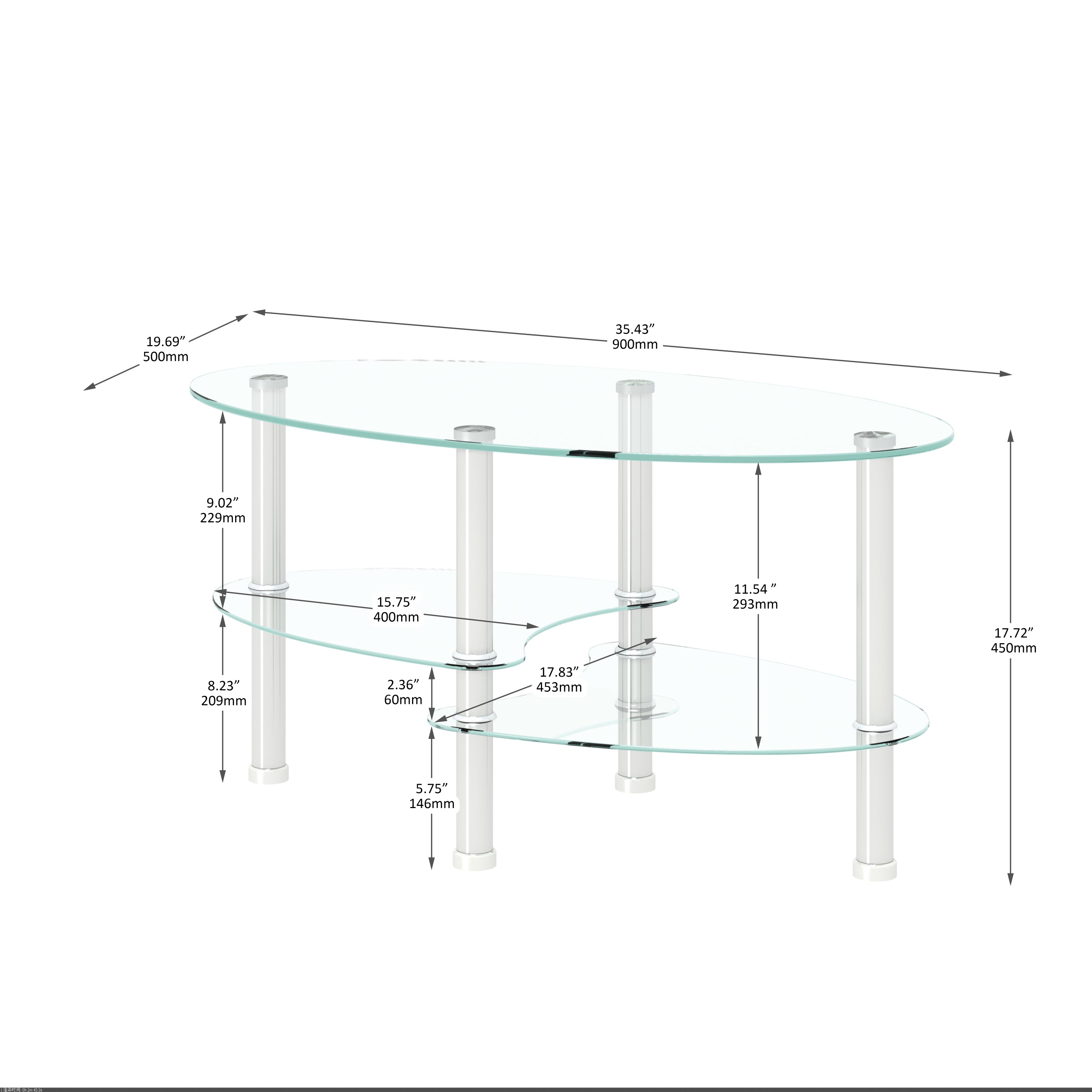 Modern Oval 3 Tier Clear Glass Coffee Table with Stainless Legs