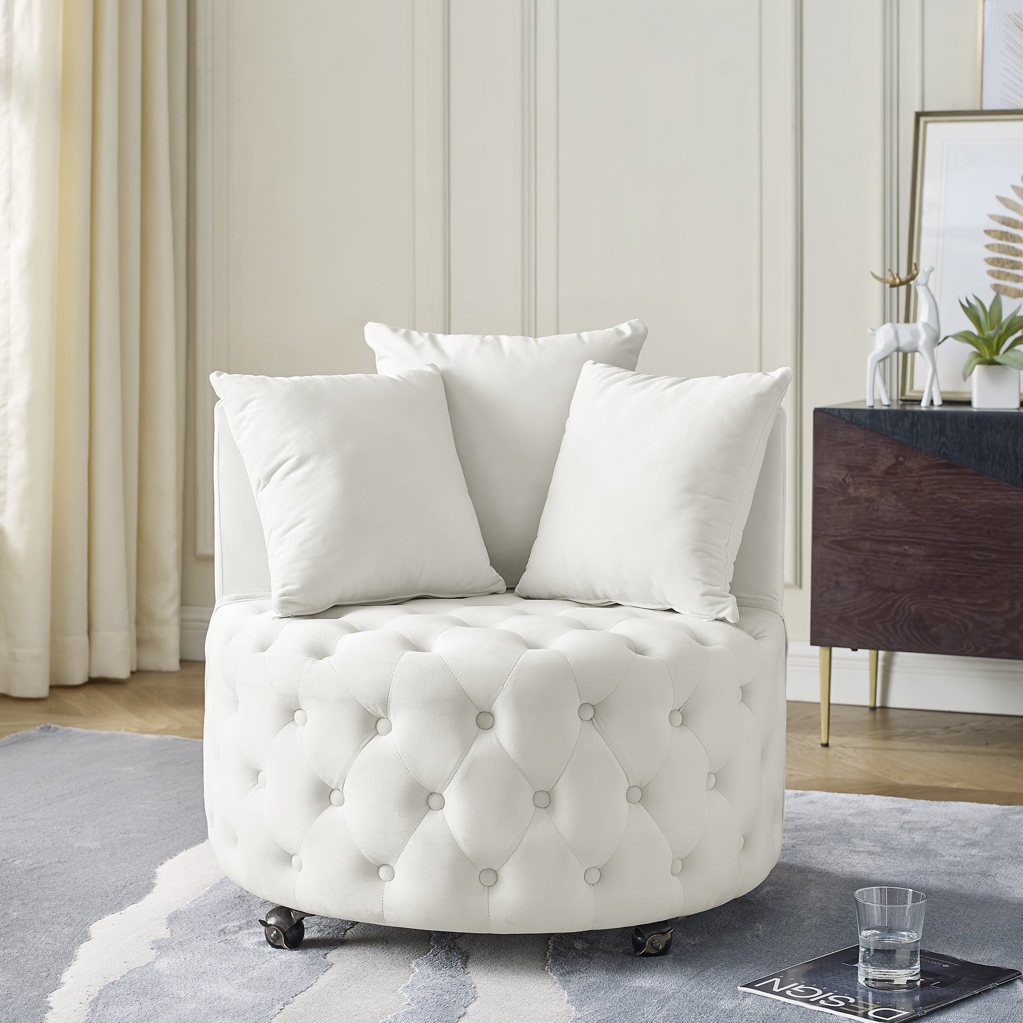 Cecilia Velvet Tufted Seat Swivel Rolling Accent Chair with Pillows