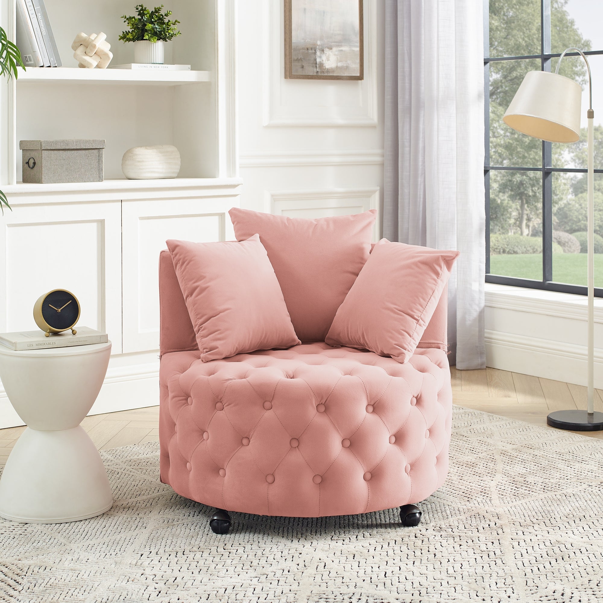 Cecilia Velvet Tufted Seat Swivel Rolling Accent Chair with Pillows