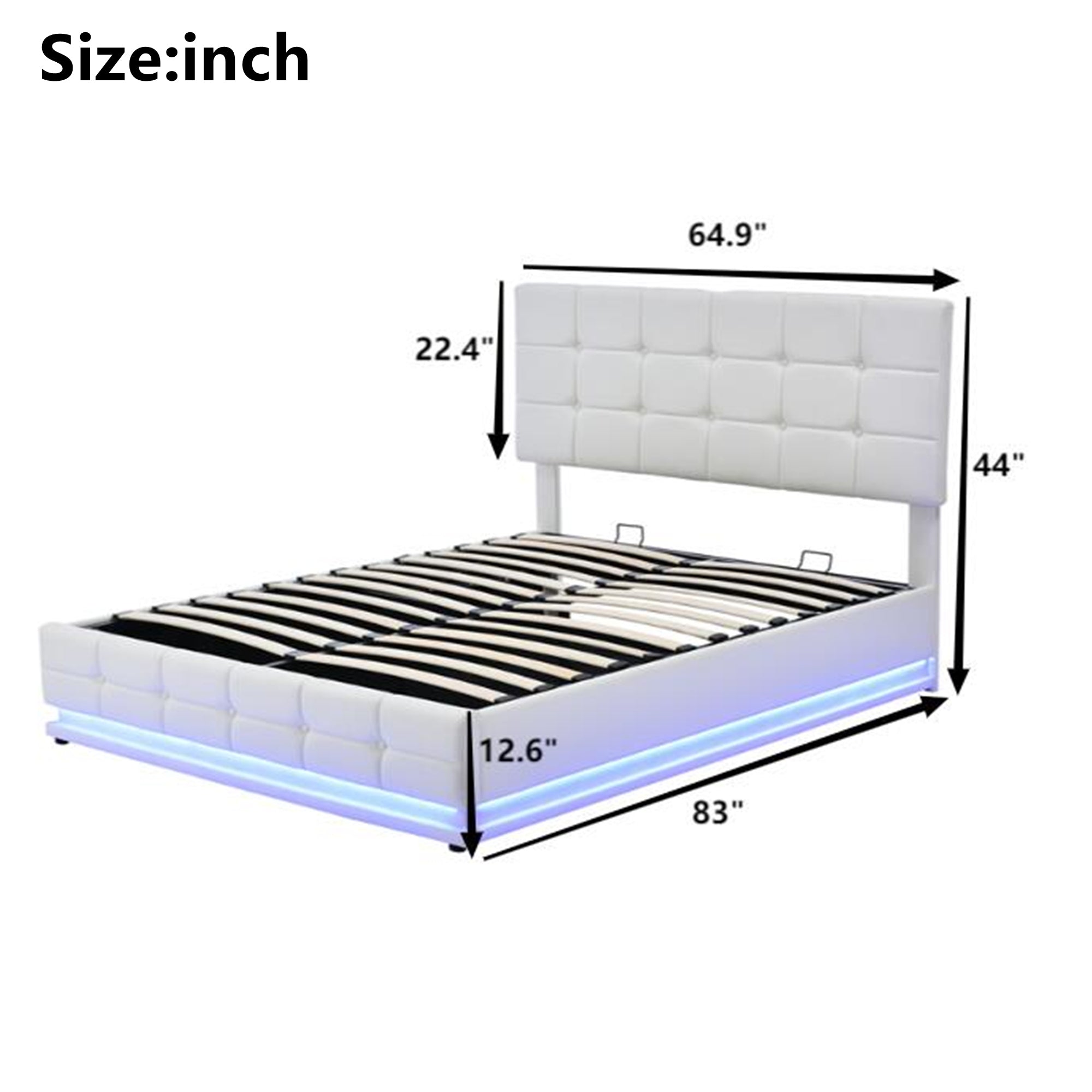 Kosmo White Queen Tufted Faux Leather Hydraulic Lift Platform Storage Bed With LED Light, USB Charger