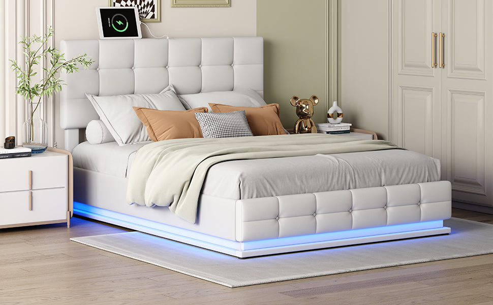 Kosmo White Queen Tufted Faux Leather Hydraulic Lift Platform Storage Bed With LED Light, USB Charger