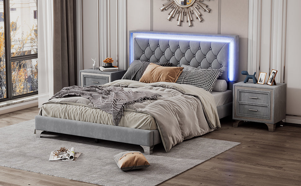 Tiffani 3 Piece Bedroom Set, Queen Size Velvet Upholstered Platform Bed with LED Lights and Two Nightstands