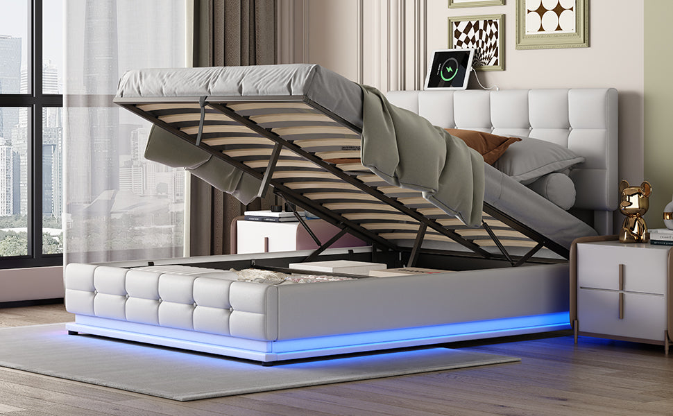 Kosmo White Queen Tufted Faux Leather Hydraulic Lift Platform Storage Bed With LED Light, USB Charger