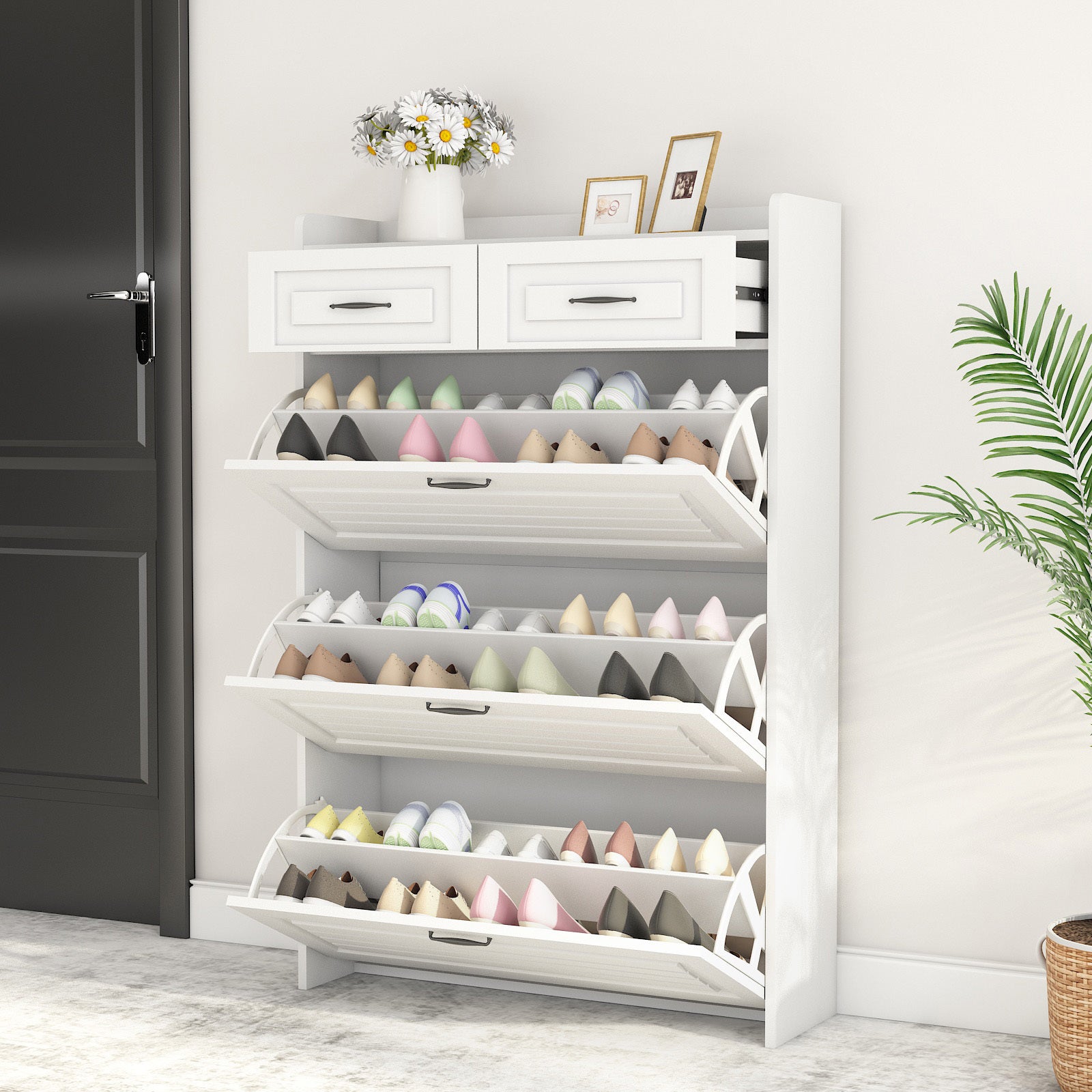 White Entryway Storage Shoe Cabinet Rack