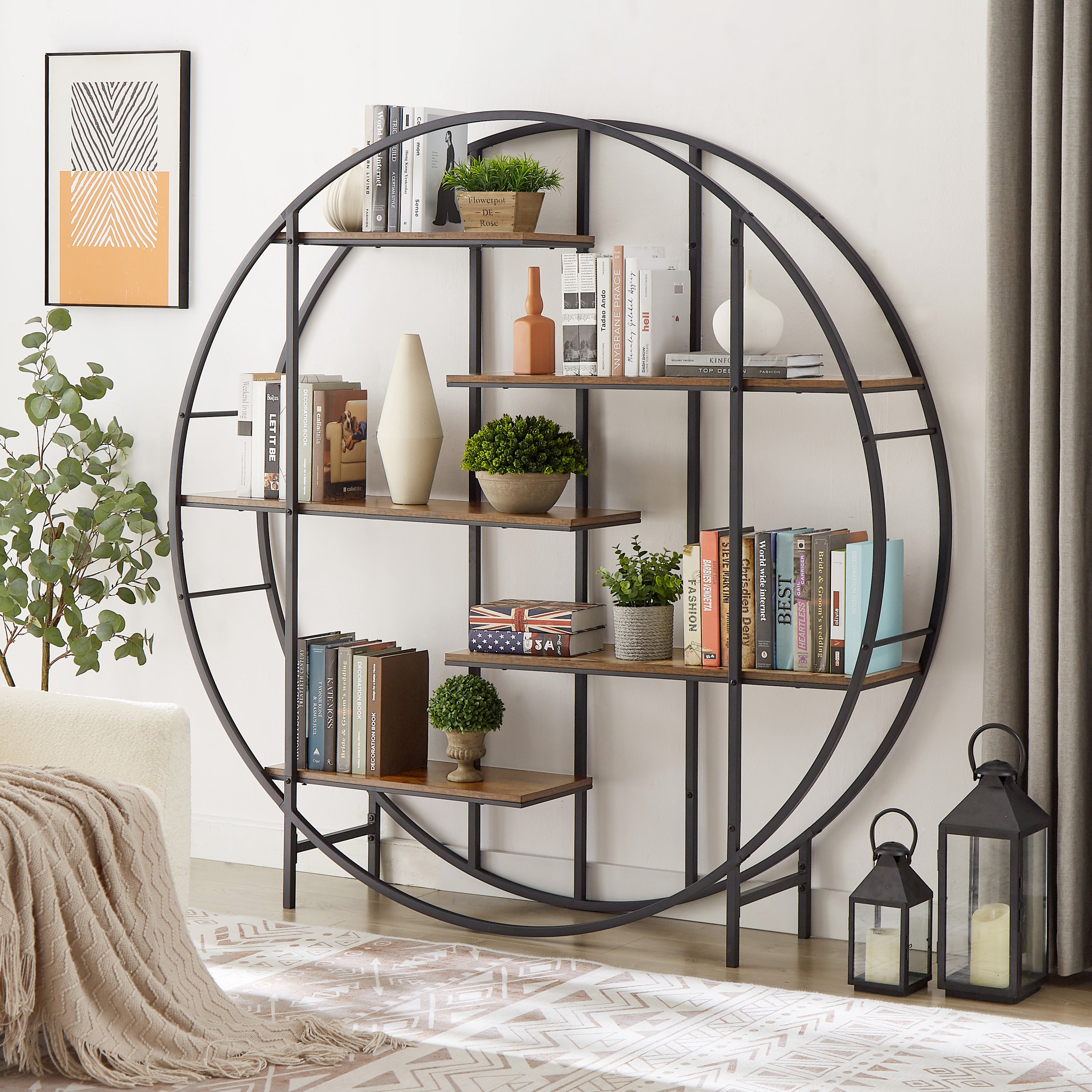 67" Diameter Rustic Brown Round Storage Bookcase Display Stand Black Metal Frame