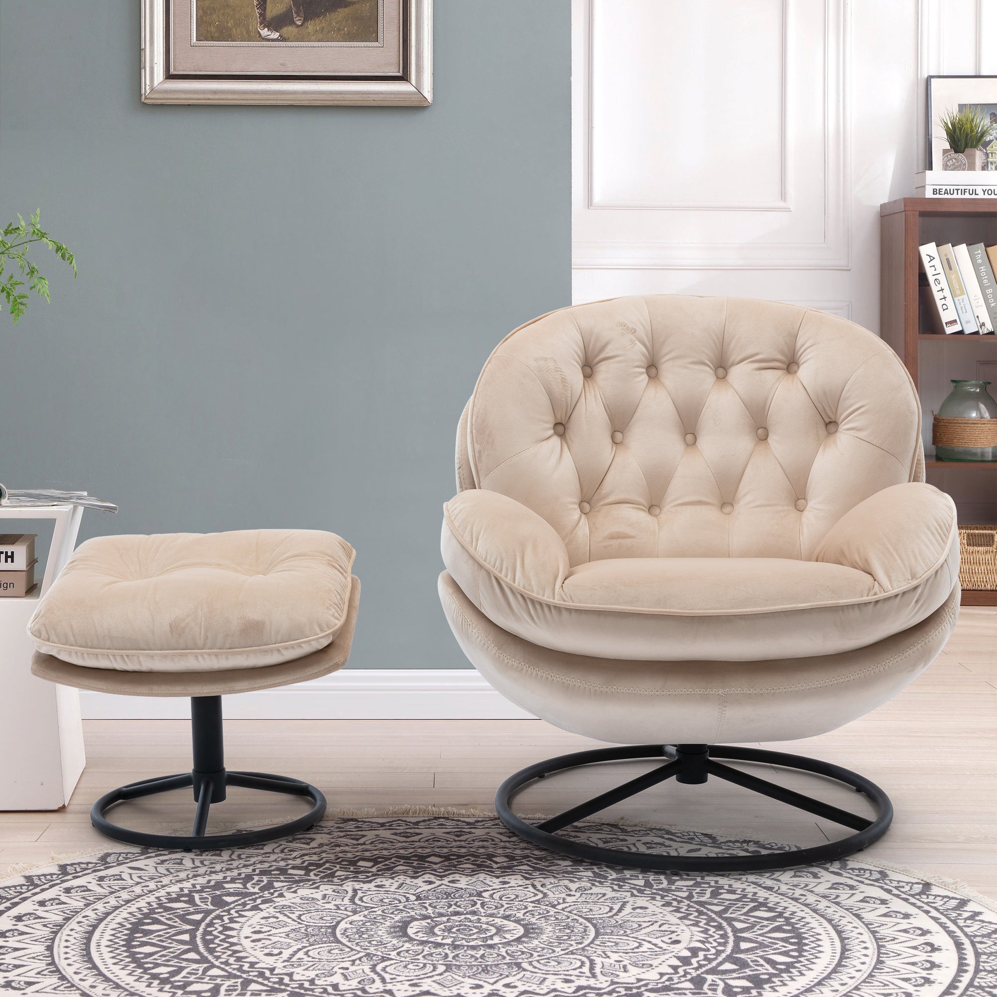 Madi Velvet Swivel Accent Chair With Ottoman, 12 colors