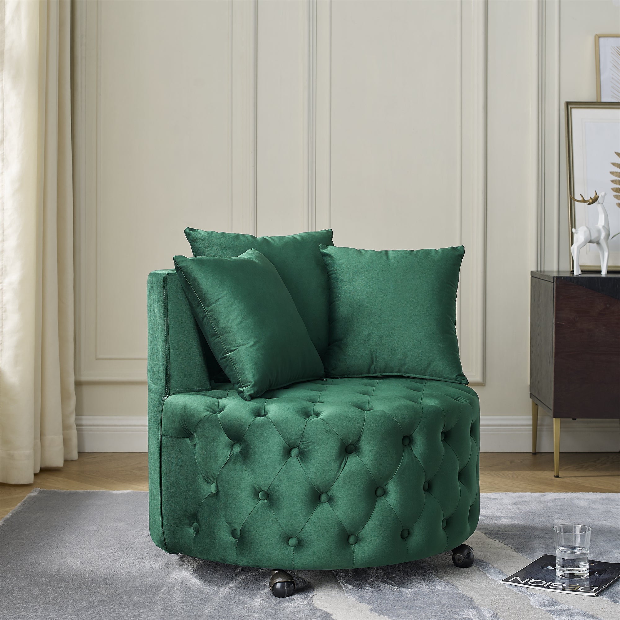 Cecilia Velvet Tufted Seat Swivel Rolling Accent Chair with Pillows