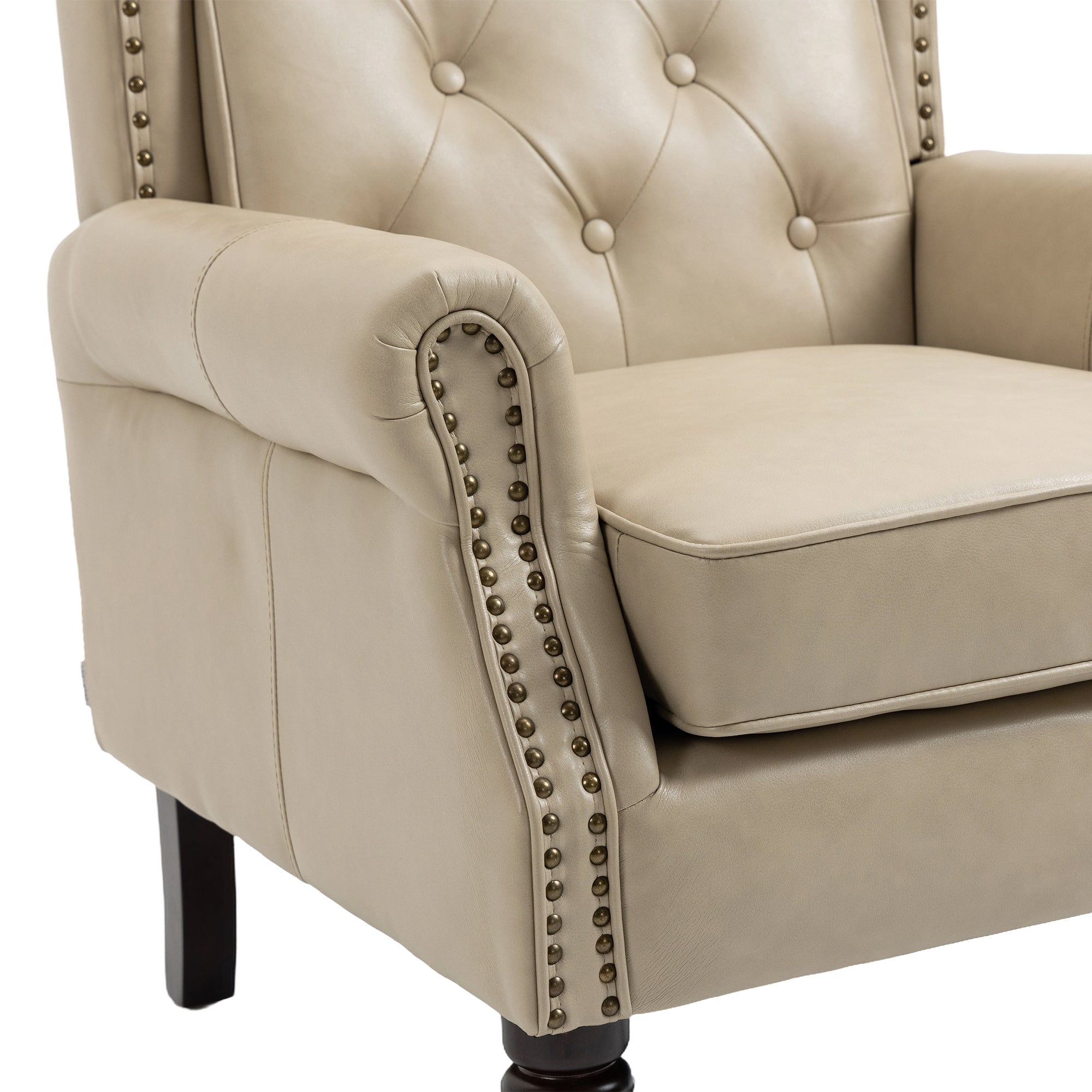 Wallace Beige Faux Leather Wing Accent Chair with Tufted Back and Nailhead