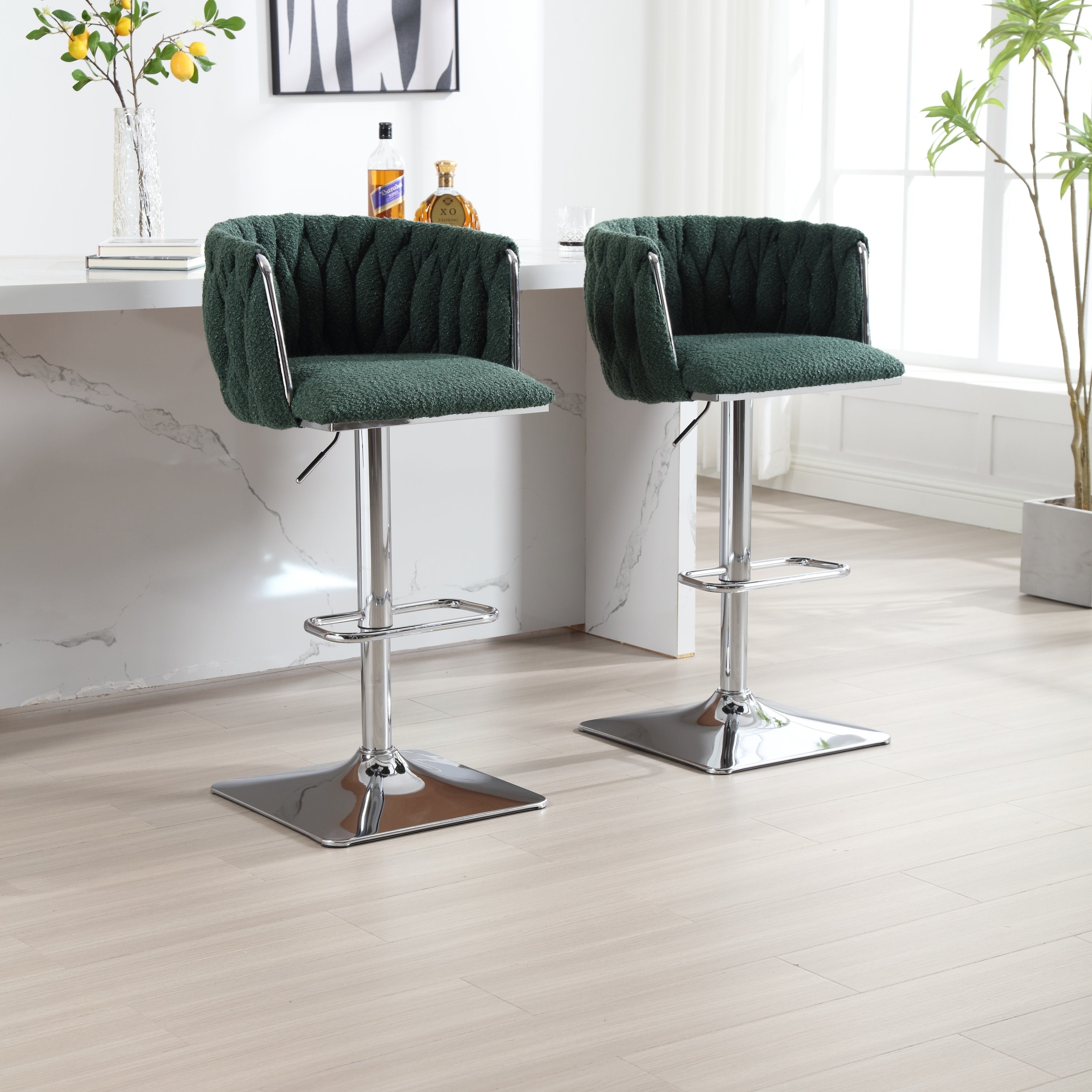 Set of 2 Modern Boucle Fabric Swivel Adjustable Height Barstools with Chromed Base