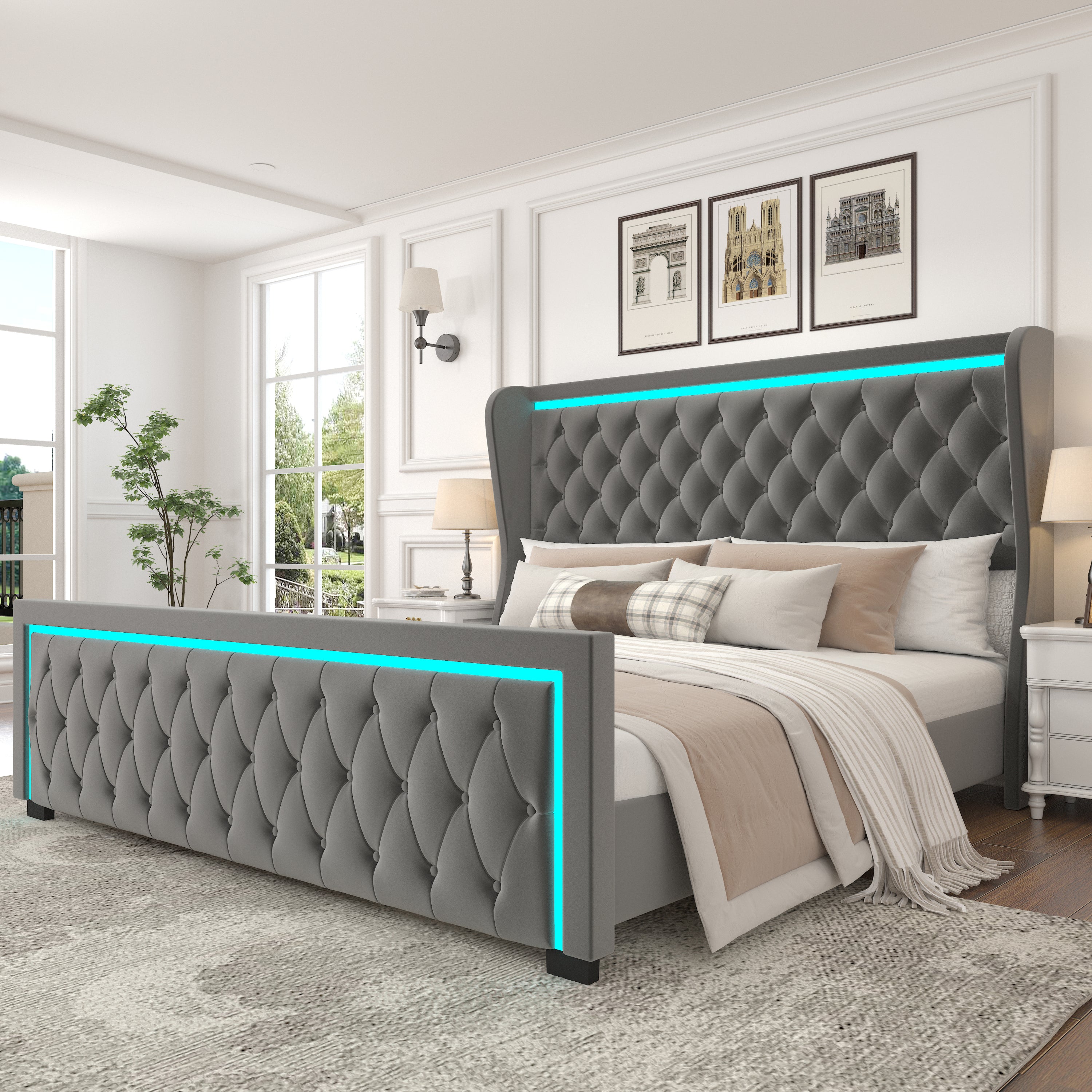 Gray Velvet Tufted Wingback Queen Platform Bed with LED Light