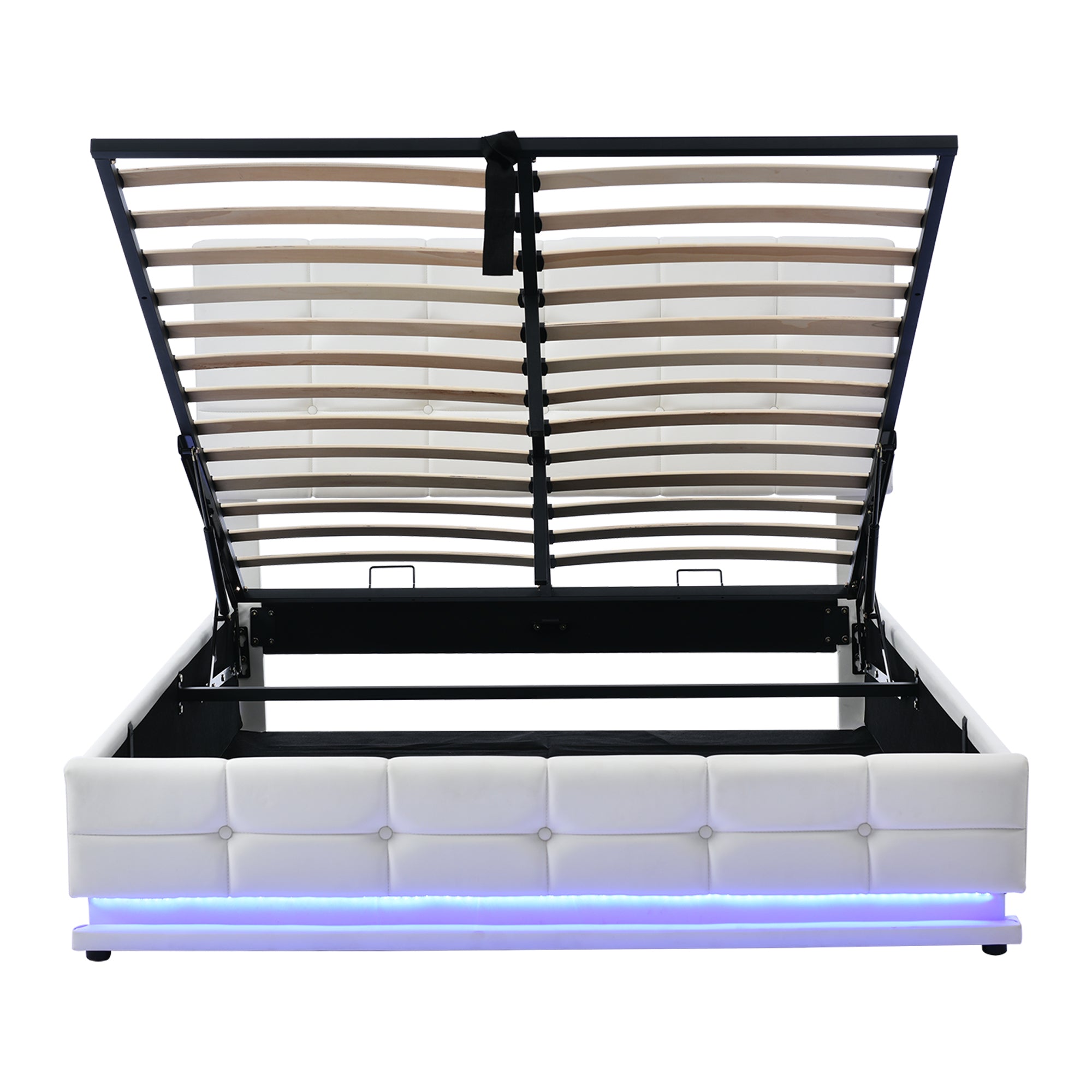 Kosmo White Queen Tufted Faux Leather Hydraulic Lift Platform Storage Bed With LED Light, USB Charger