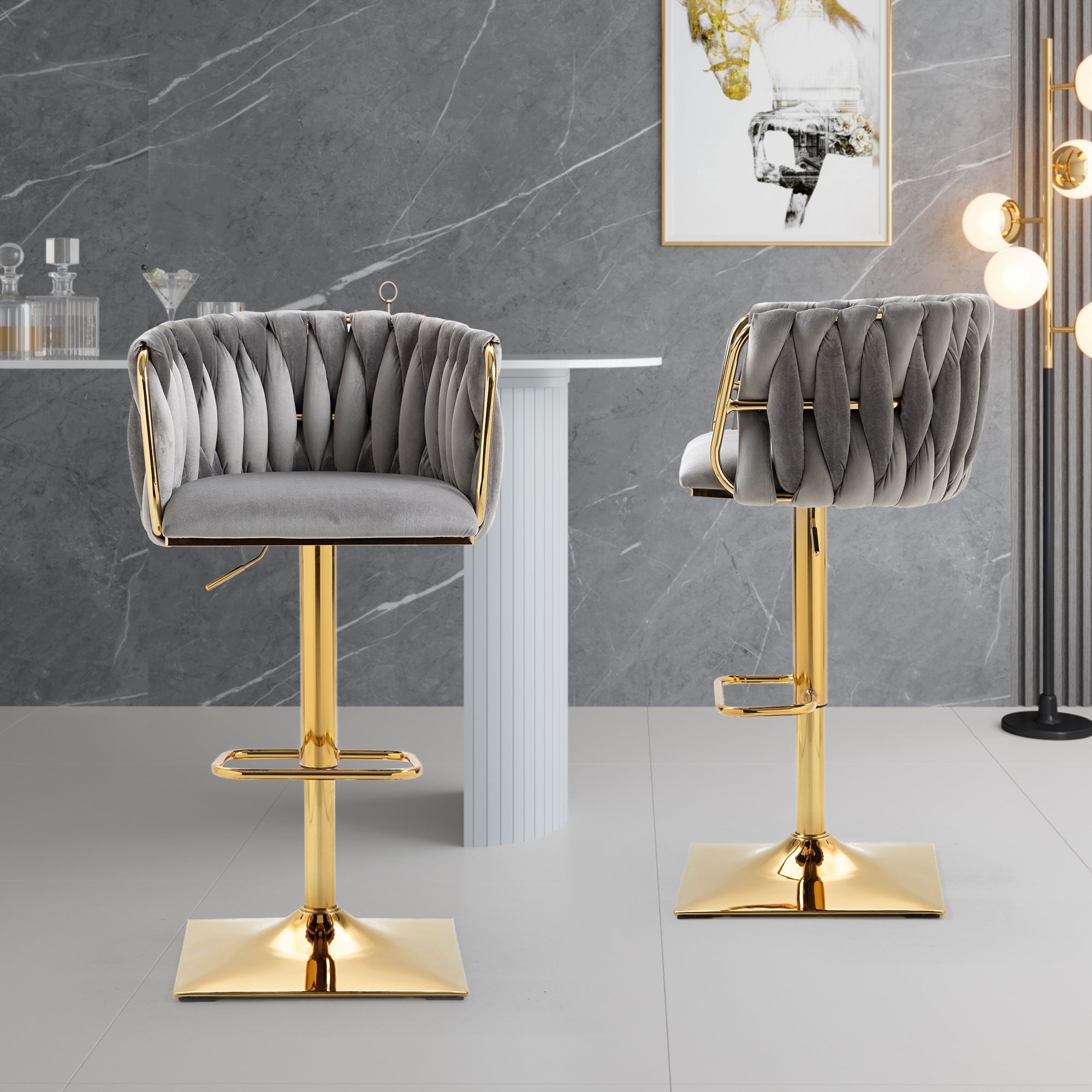 Set of 2 Luxury Velvet Modern Swivel Adjustable Height Barstools with Gold finish legs