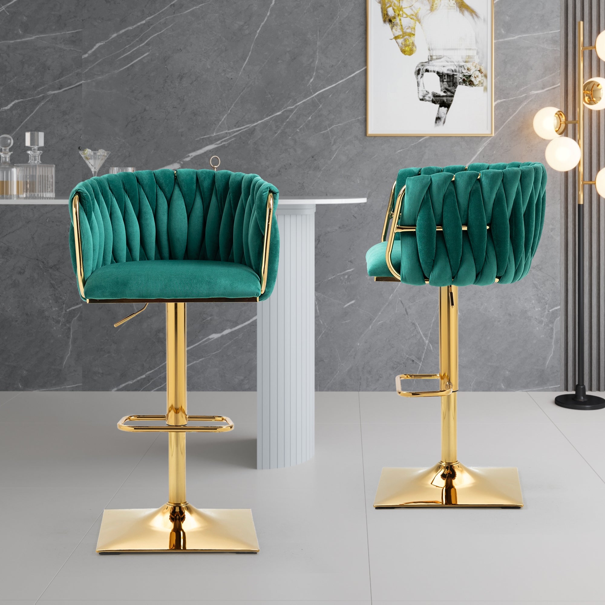 Set of 2 Luxury Velvet Modern Swivel Adjustable Height Barstools with Gold finish legs