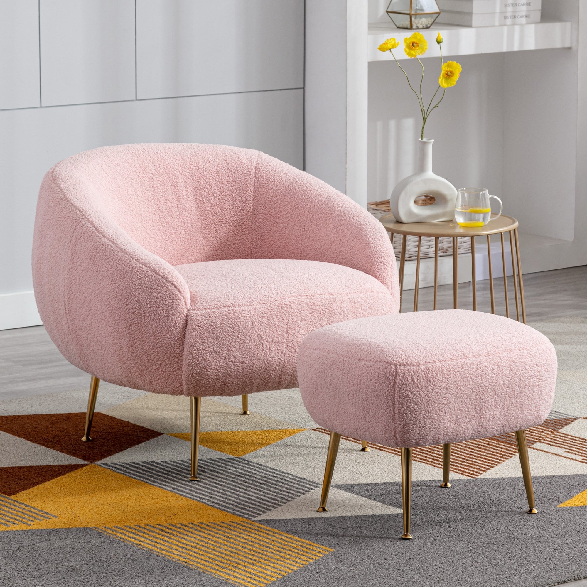 Elise Boucle Modern Barrel Accent Chair with Ottoman