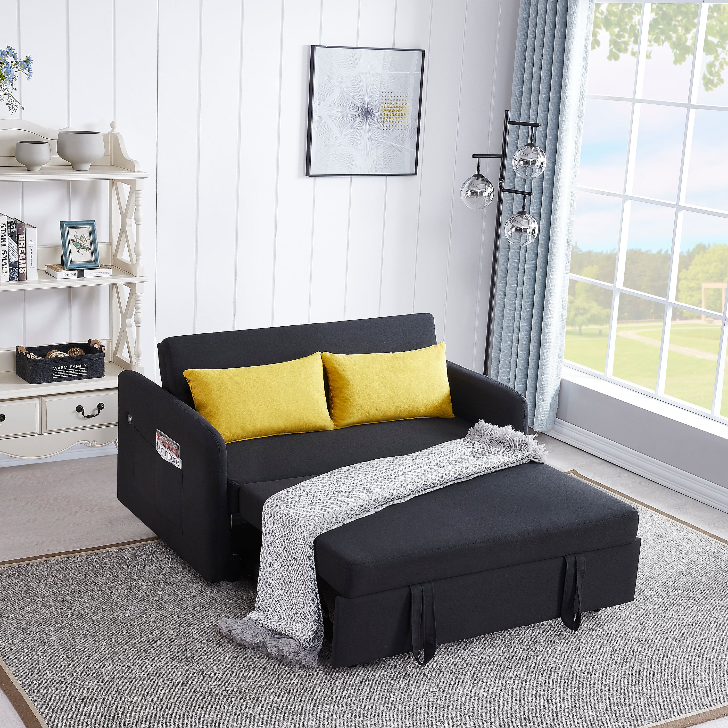 Jake Black Linen Convertible Twin Sofa Bed Sleeper