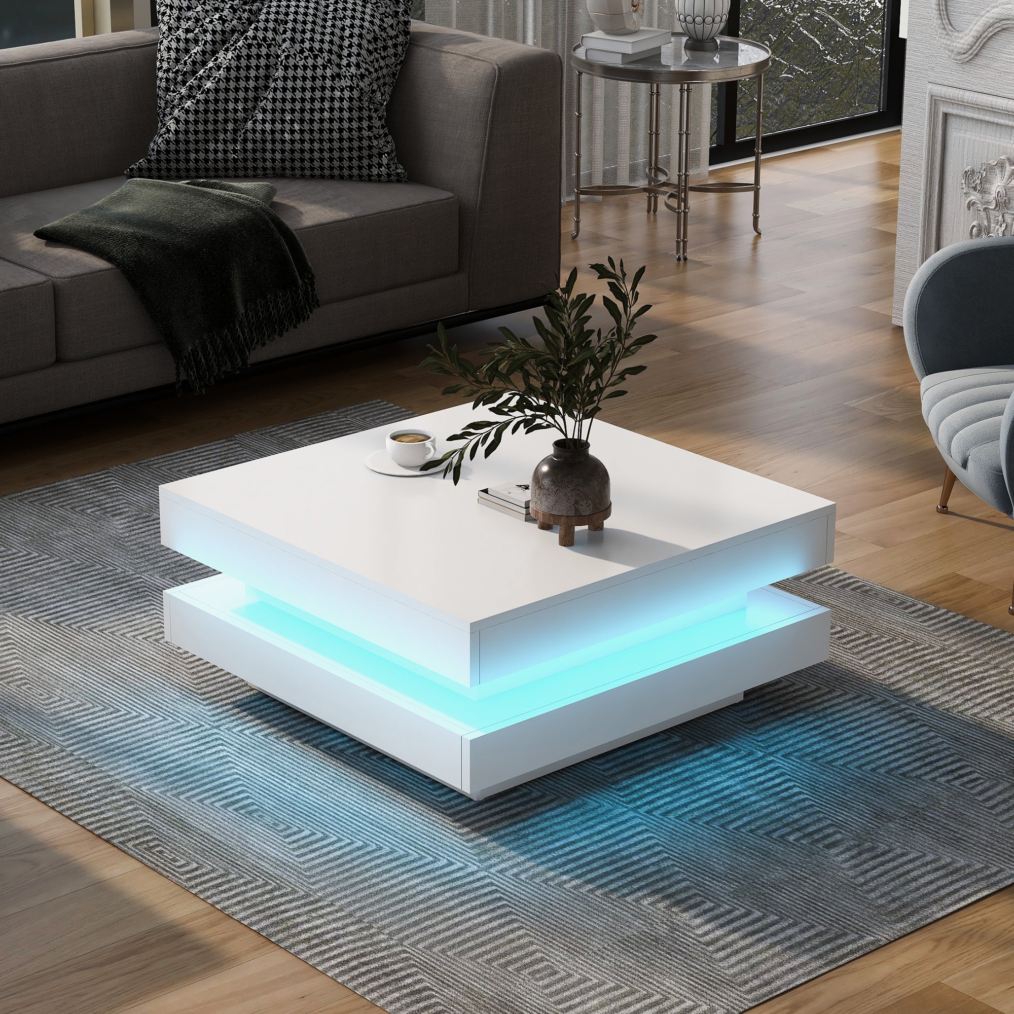 31.5" X 31.5" White High Gloss Coffee Table with LED Light