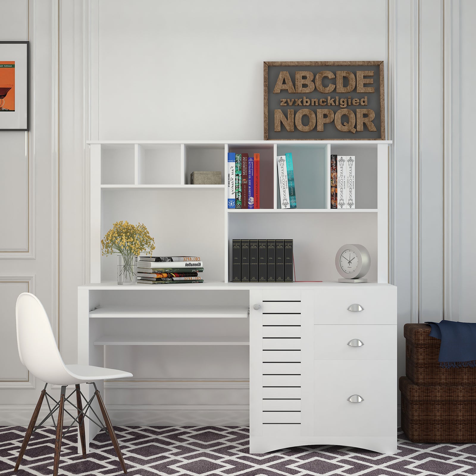 59" Antique White Home Office Computer Desk with Hutch