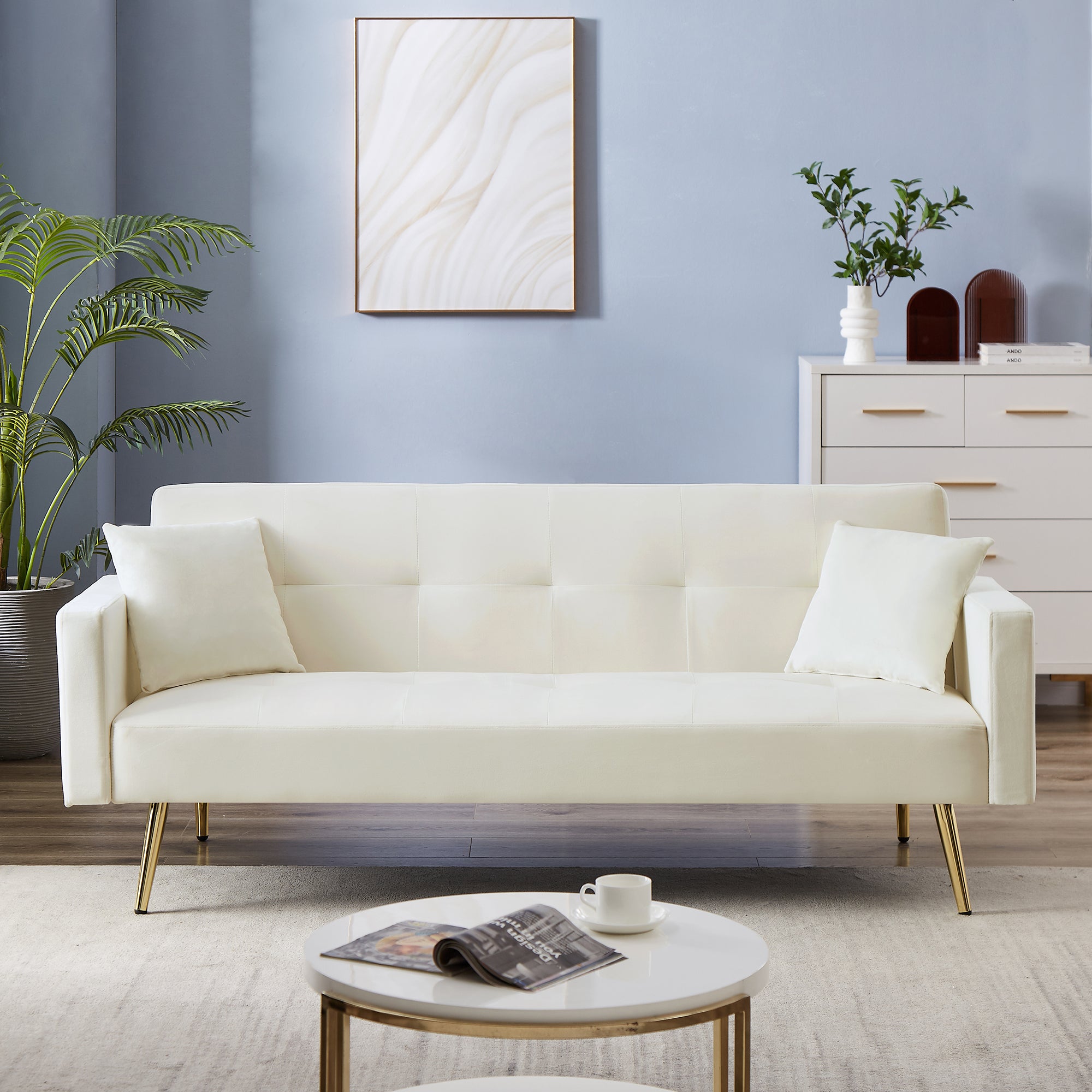 Cream White Velvet  Convertible Folding Futon Sofa Bed , Sleeper Sofa Couch for Compact Living Space.