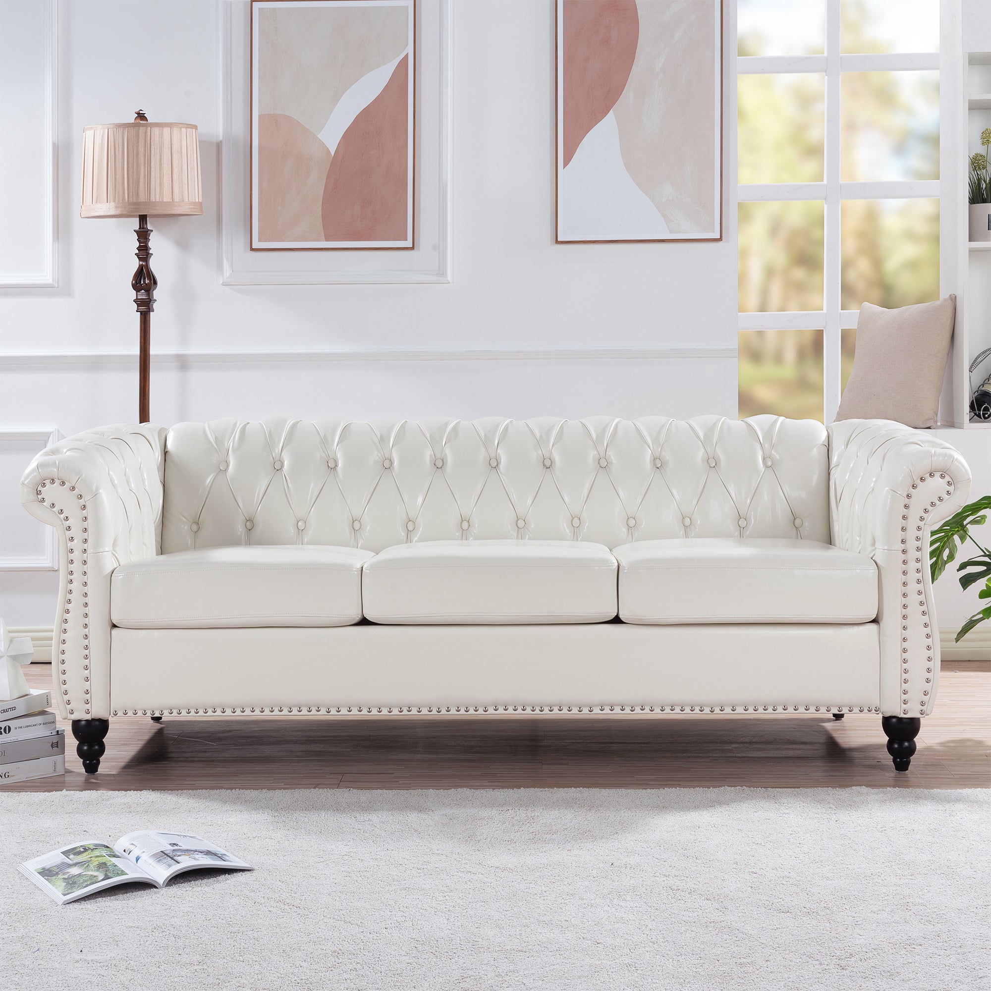 84" White faux leather Chesterfield Sofa With Nailhead Trim