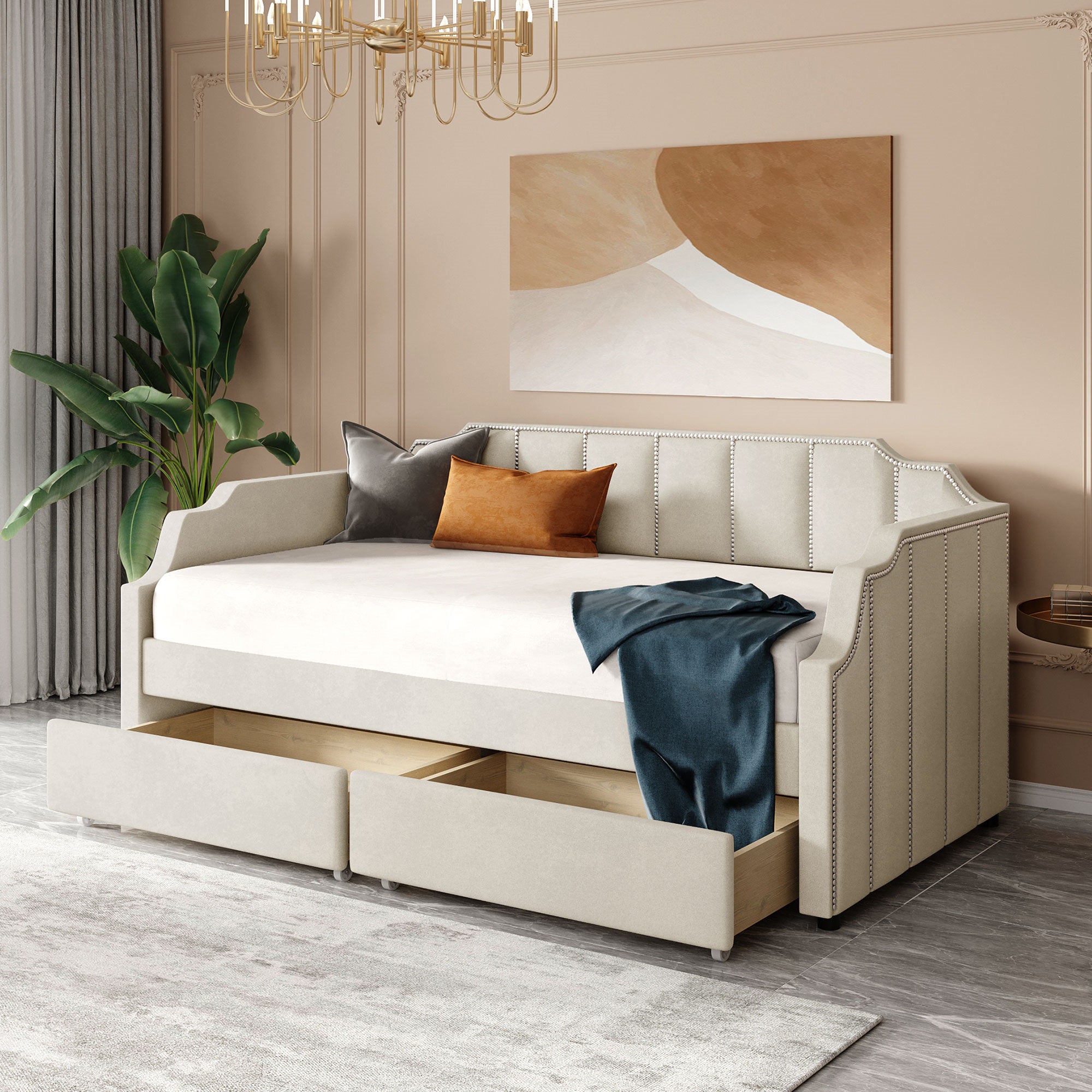 Ariel Beige Velvet Twin Daybed with Storage Drawers