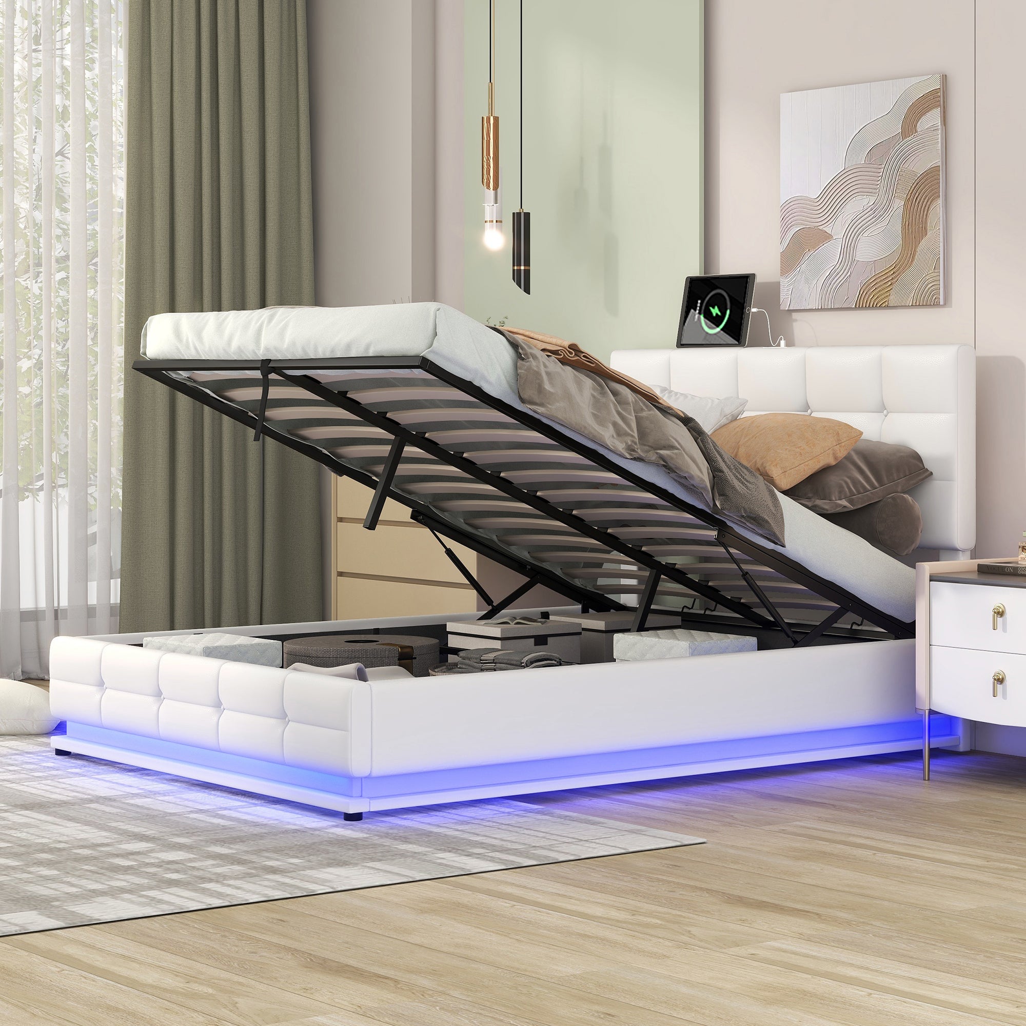 Kosmo Full Size Hydraulic Lift Storage Platform Bed with LED Lights and USB Charger Upholstered with white Faux Leather