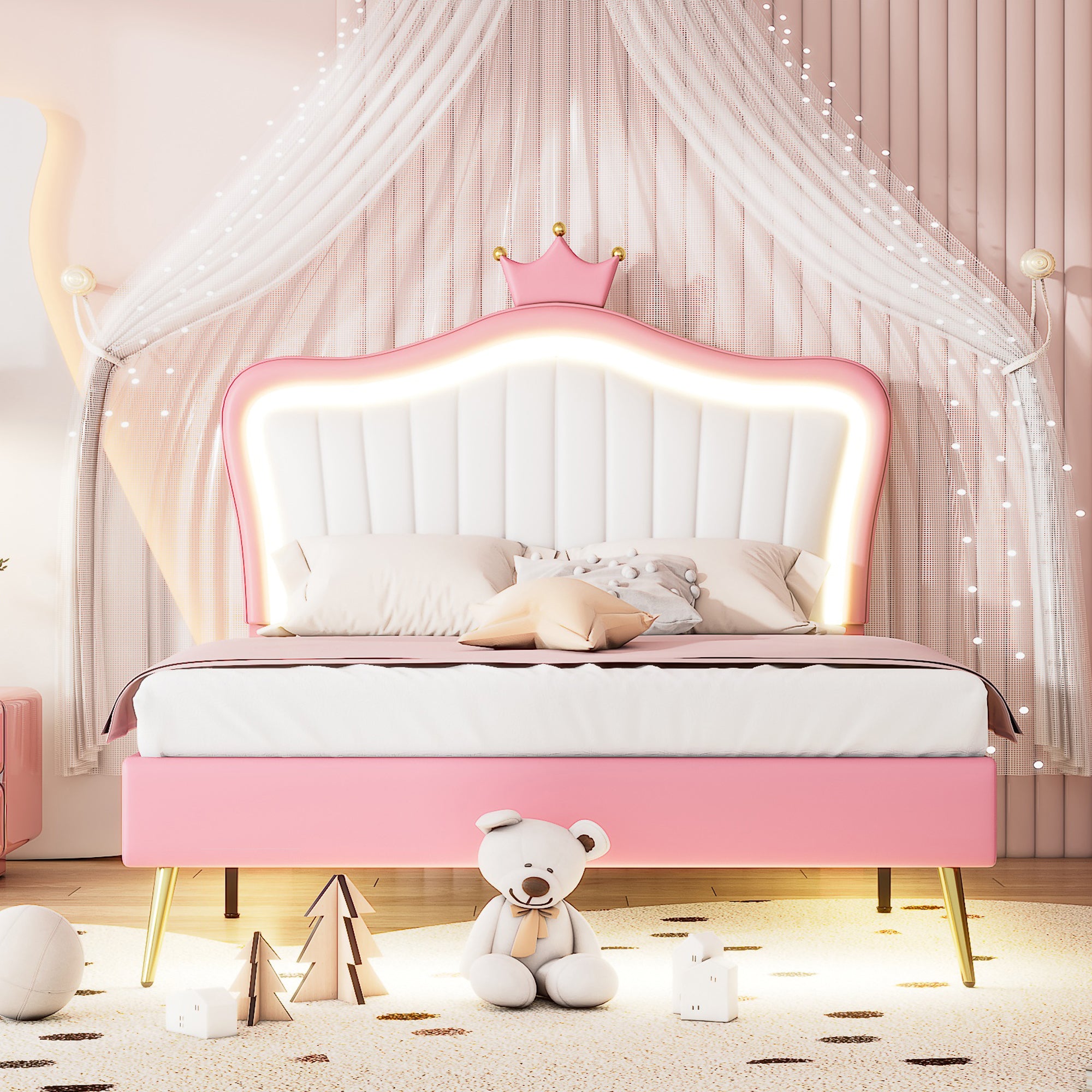 Sofia Pink and White Faux Leather Full Size Platform Bed with Crown and LED Light