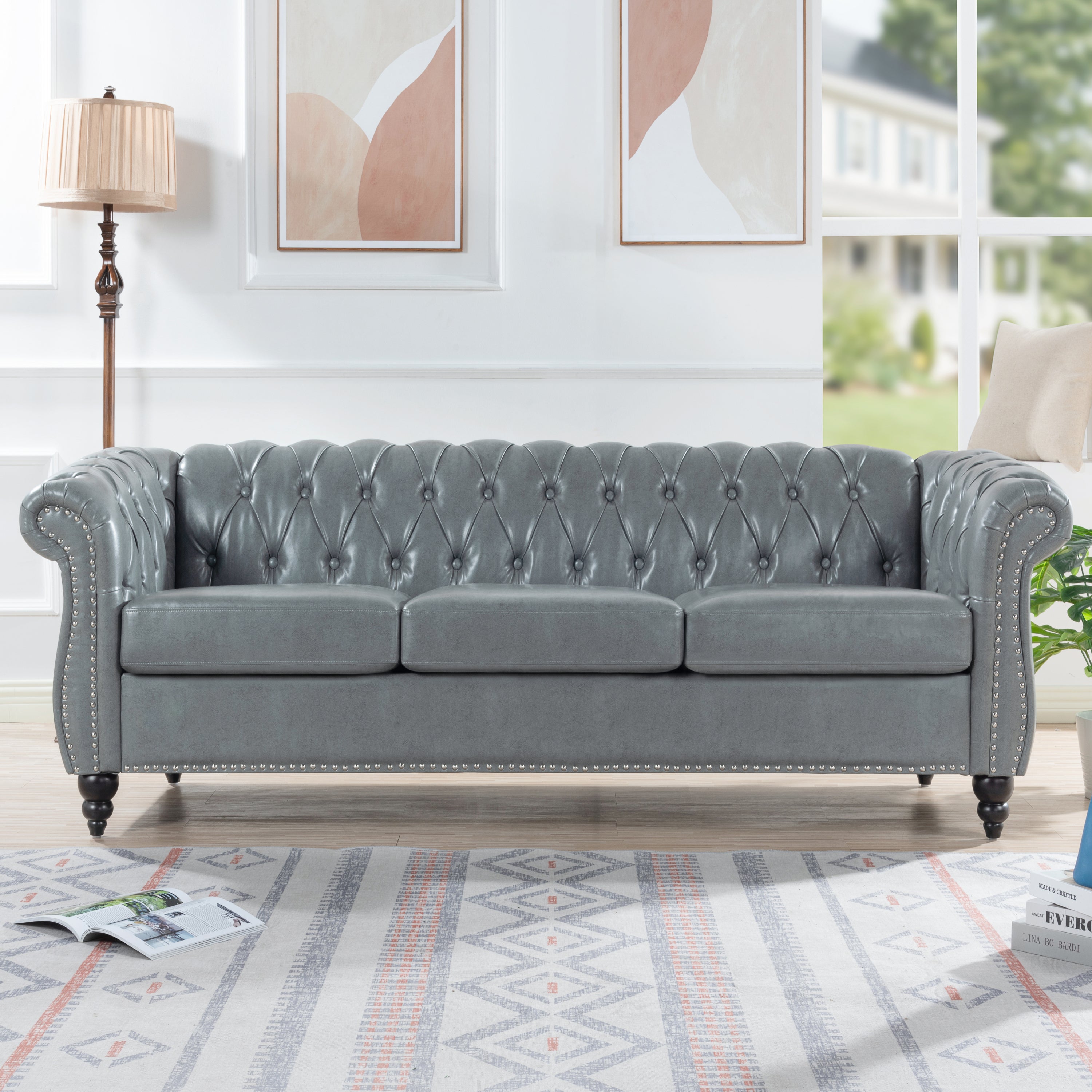 84" Gray Faux Leather Chesterfield Sofa With Nailhead Trim