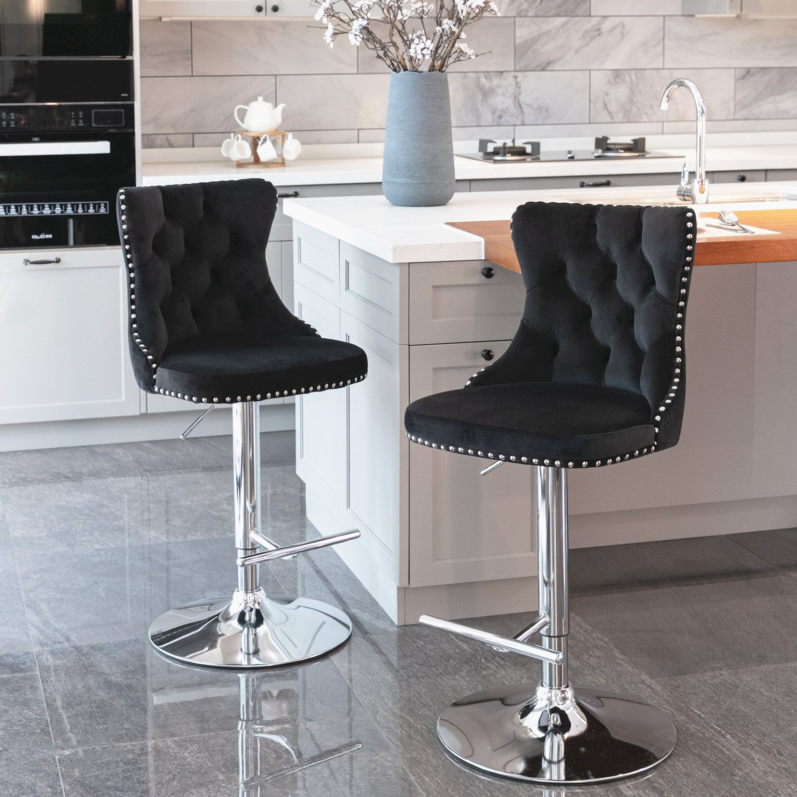 Set of 2 Black Velvet Swivel Adjustable Height Bar Stools with Tufted Highback