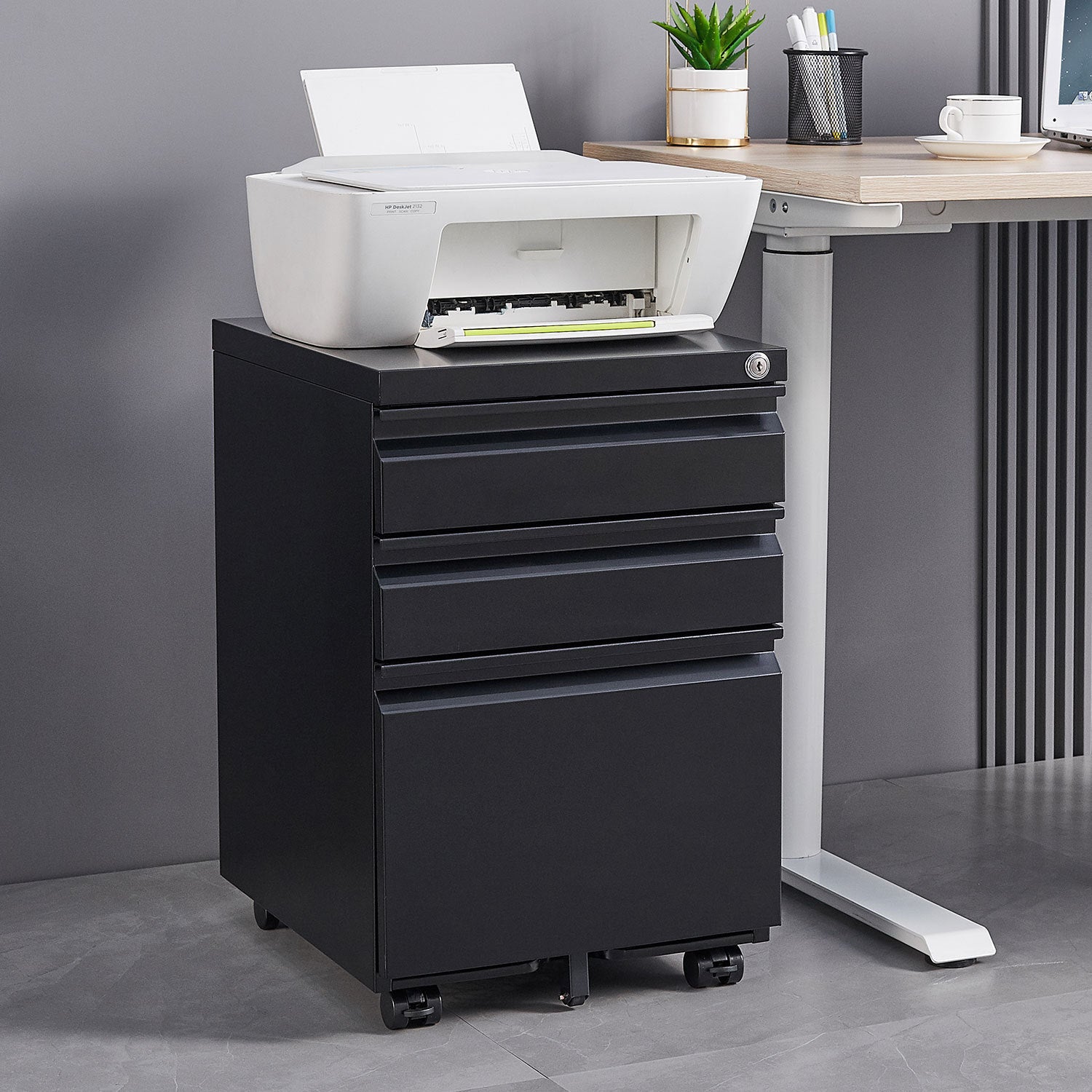 3-Drawer Black Metal Mobile Pedestal File Cabinet for Letter or Legal Size