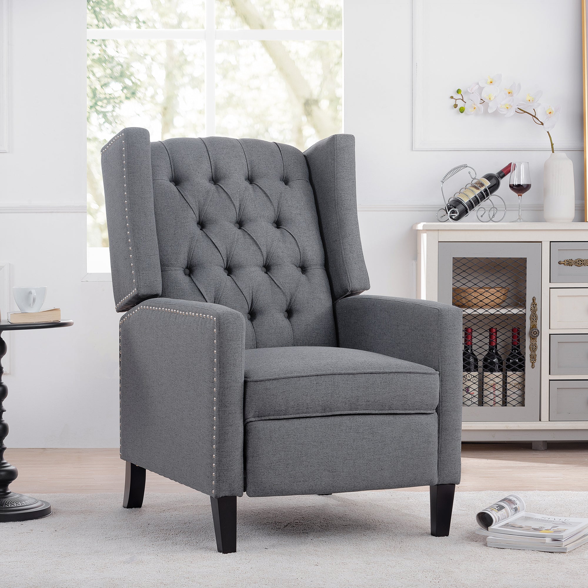 Blaine Grey Linen Fabric Pushback Recliner Wing Chair With Nailhead Trim