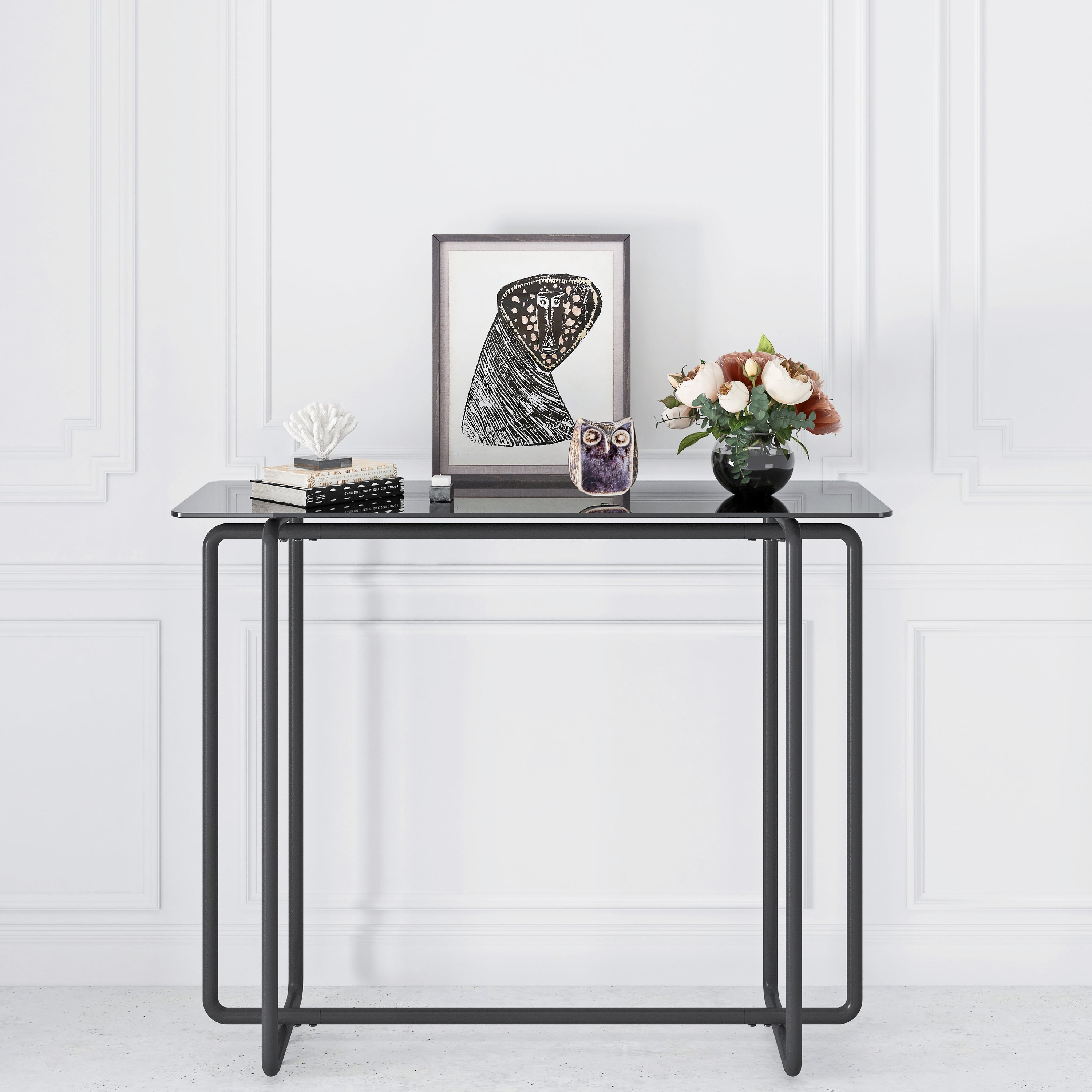 Black Tempered Glass Console Table with Black Metal Frame