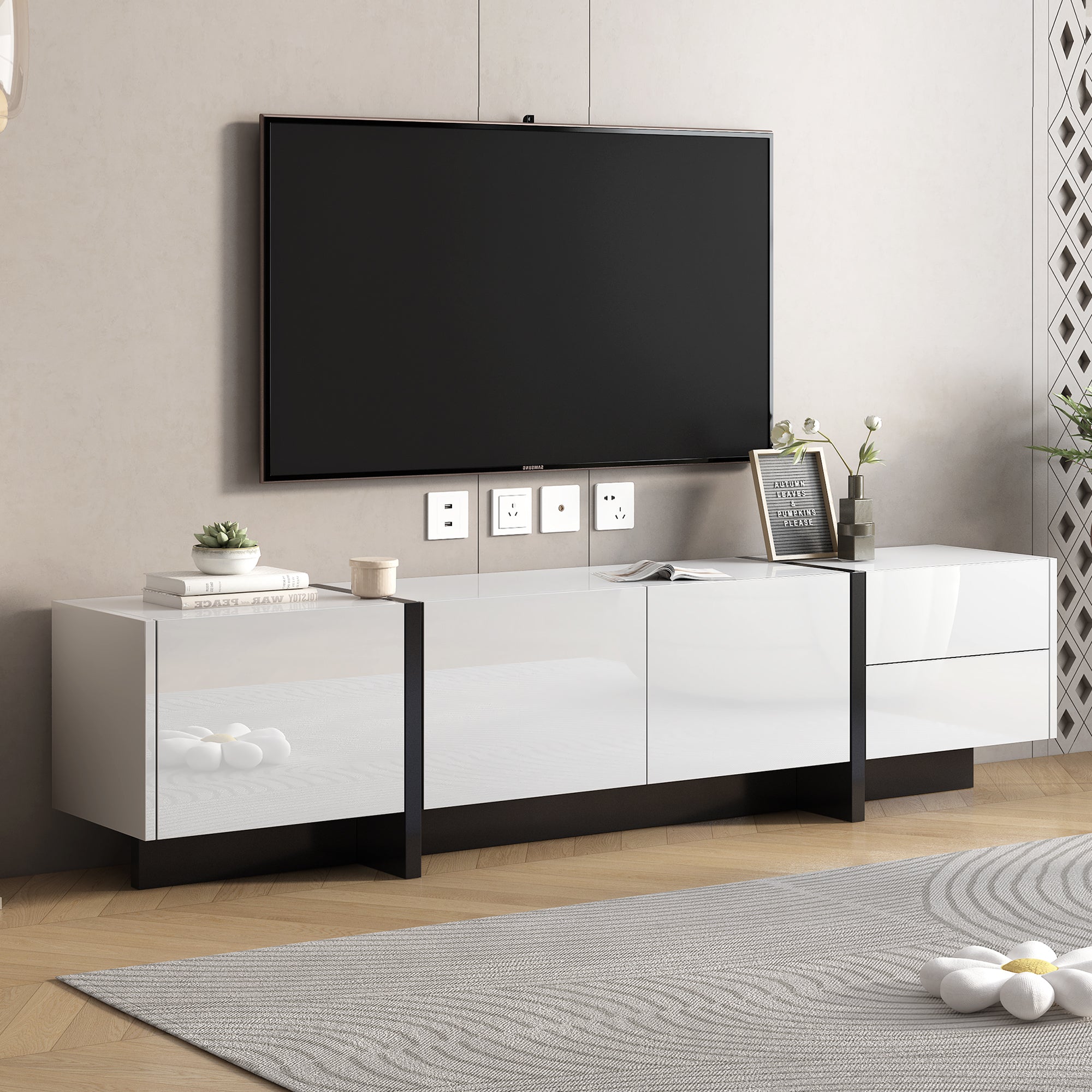 74.8" Modern High Glossy White & Black TV Stand for TV up to 86"