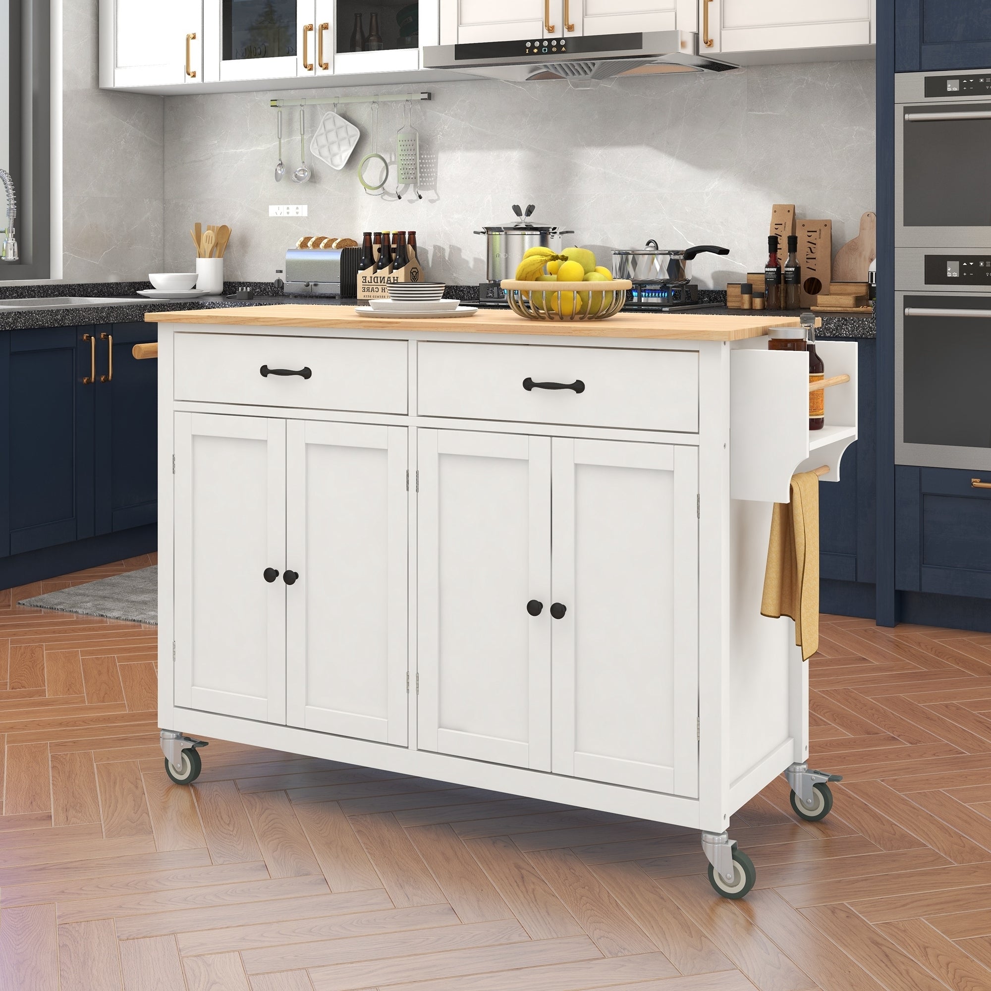 54.33" White Kitchen Island Cart with Solid Wood Top and Locking Wheels