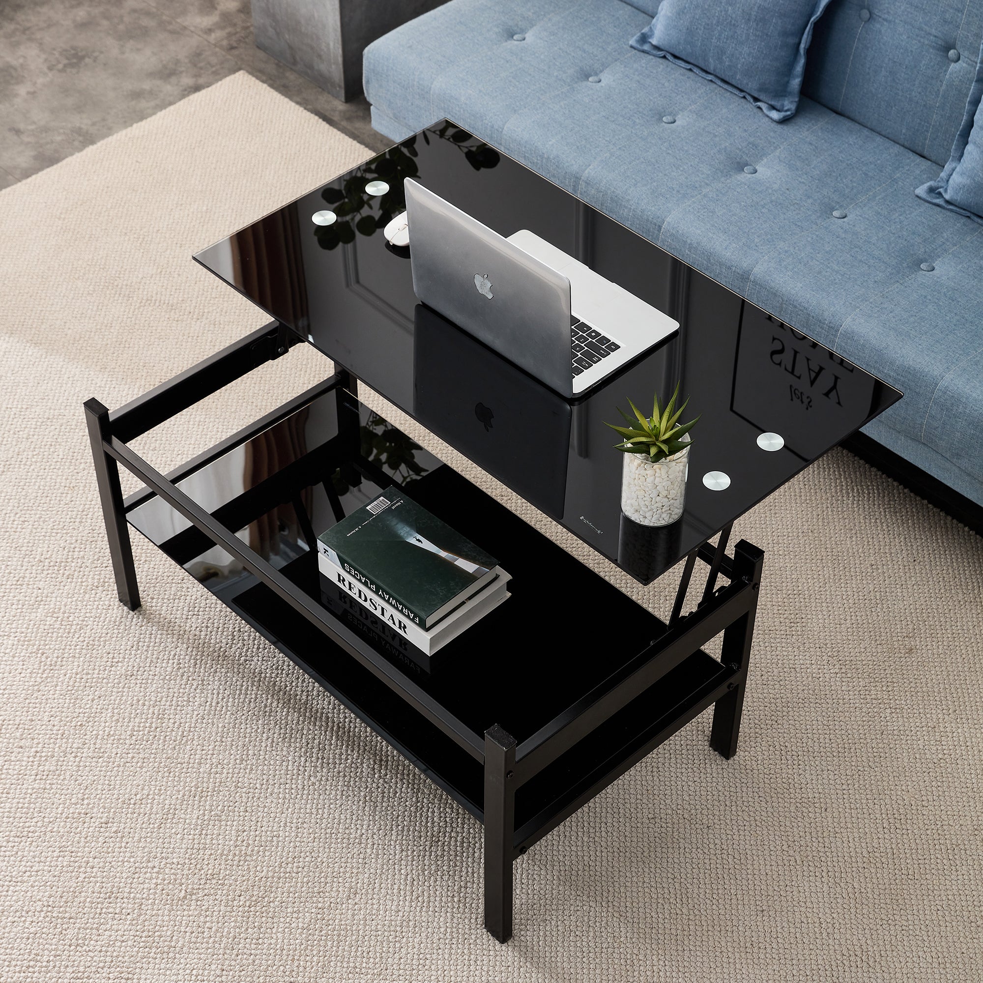 Modern Black Tempered Glass Lift Top Coffee Table