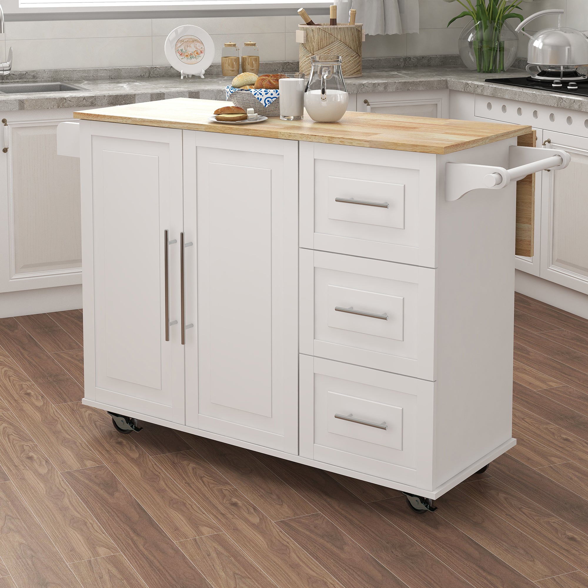 White Shaker Rolling Kitchen Cart with Drop Leaf Solid Wood Top