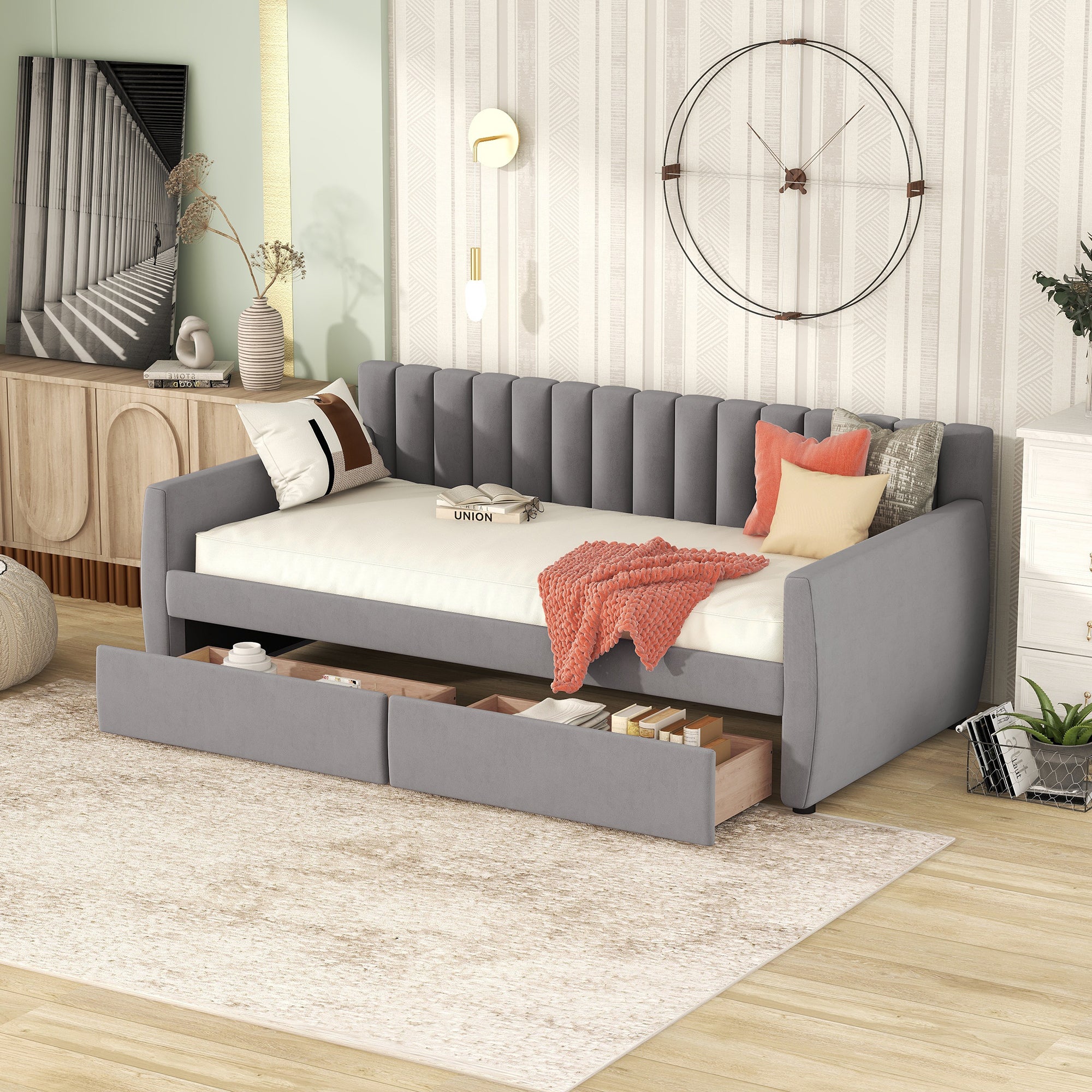 Raya Gray Velvet Twin Daybed with Storage Drawers