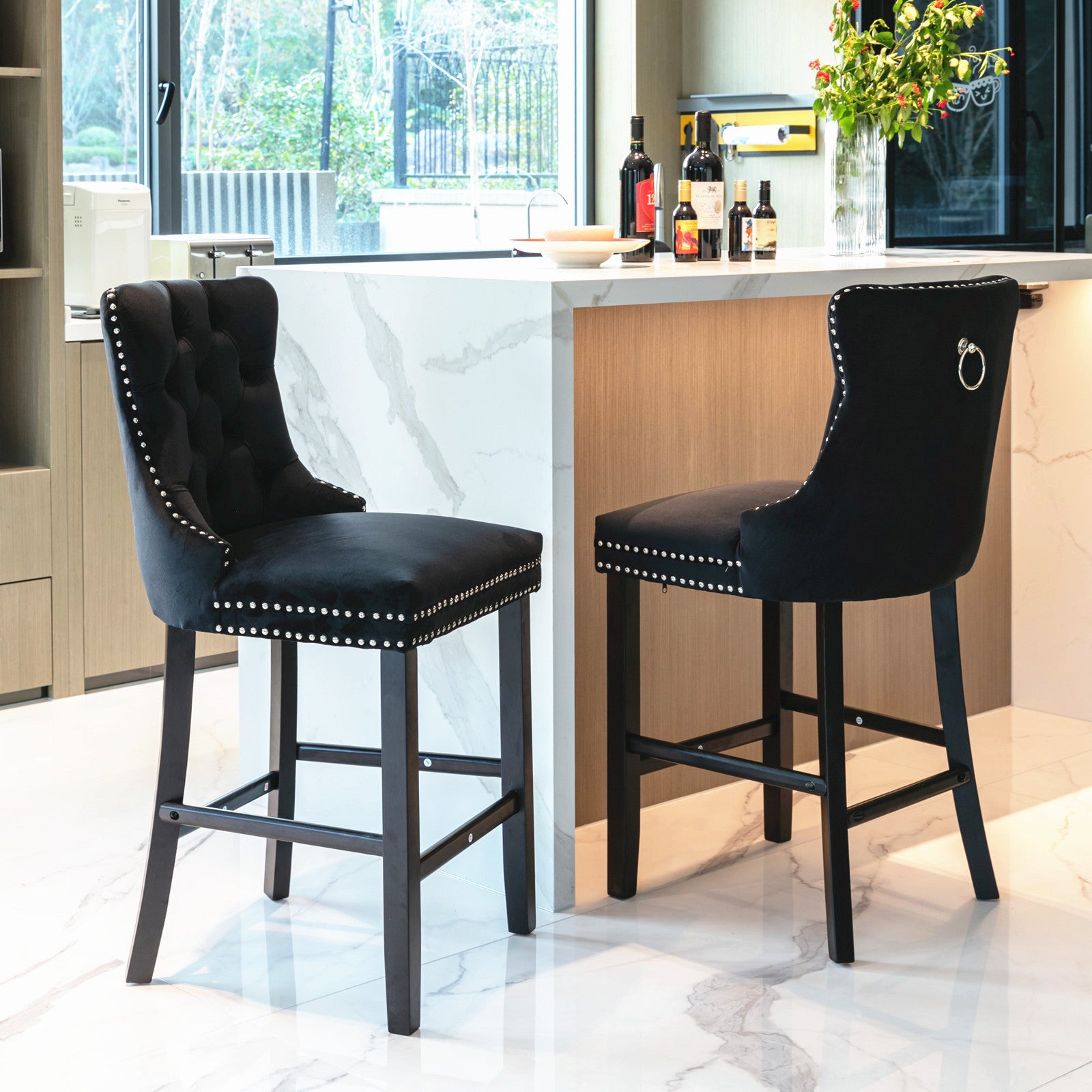 Set of 2 Black Velvet Counter Stools Tufted Back with Nailhead Trim and Ring Pull