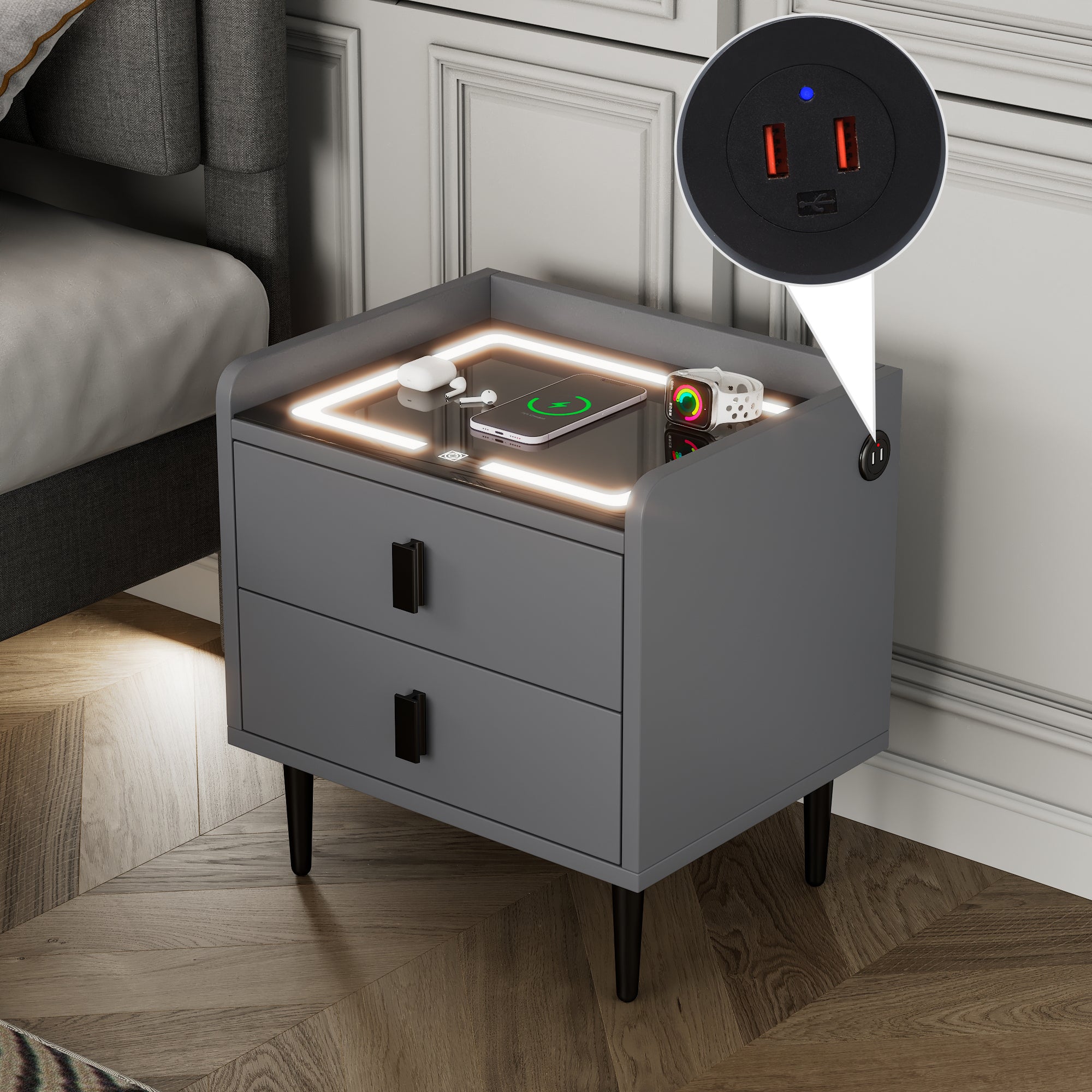 Gray Nightstand with Wireless Charging Glass Top and USB Port LED Lights