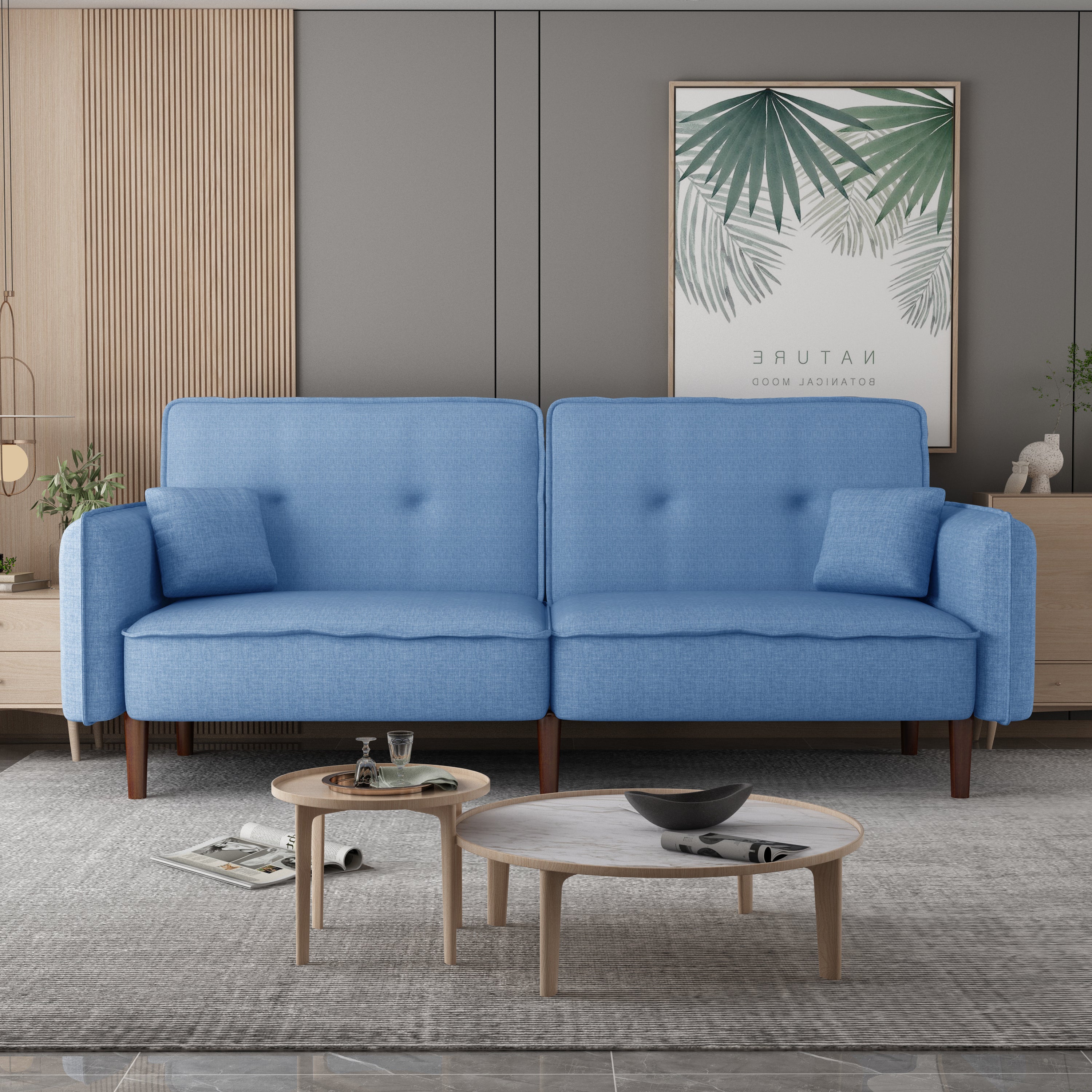 Sally Light Blue Linen Futon Convertible Sofa bed