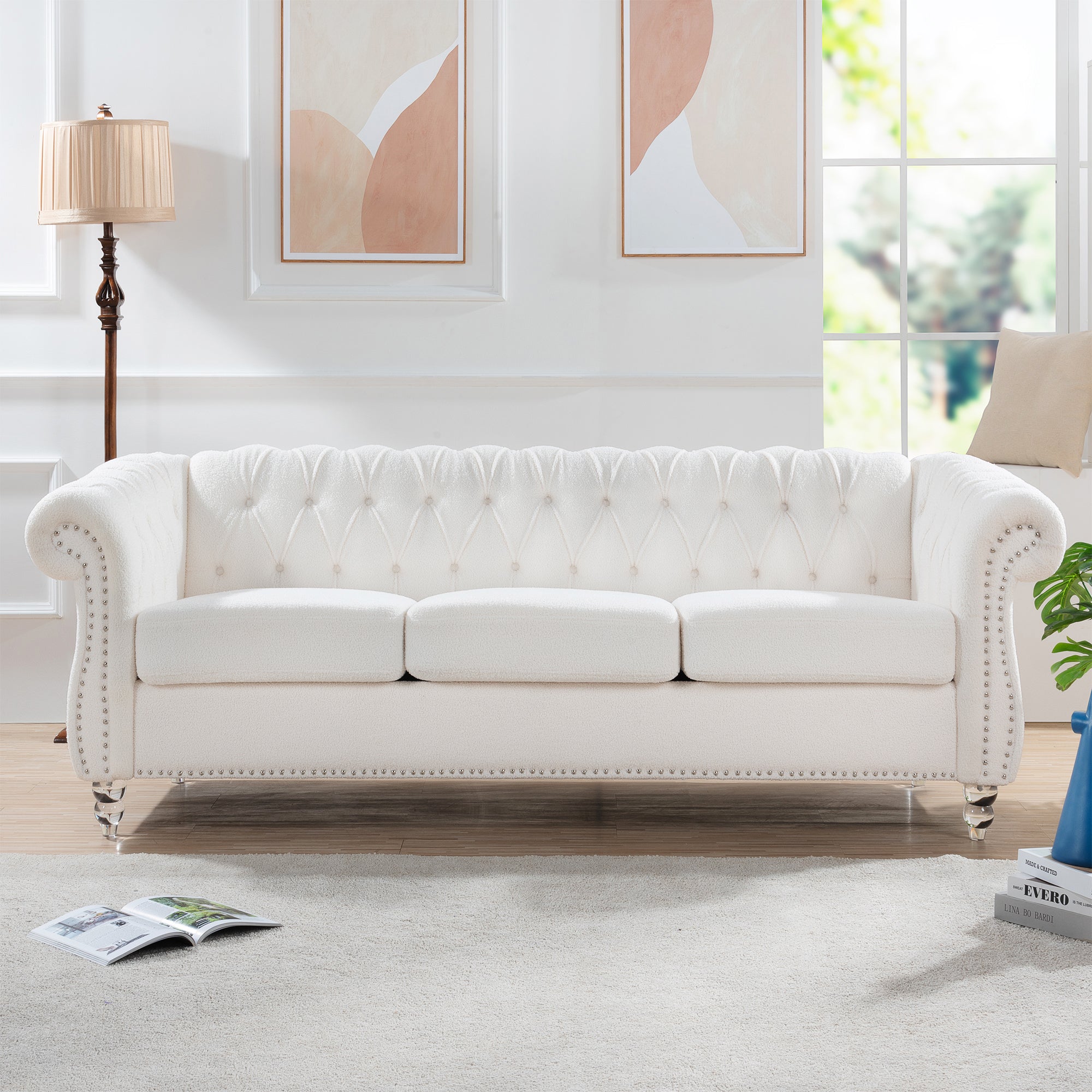 84" White Teddy Fabric Chesterfield Sofa With Nailhead Trim