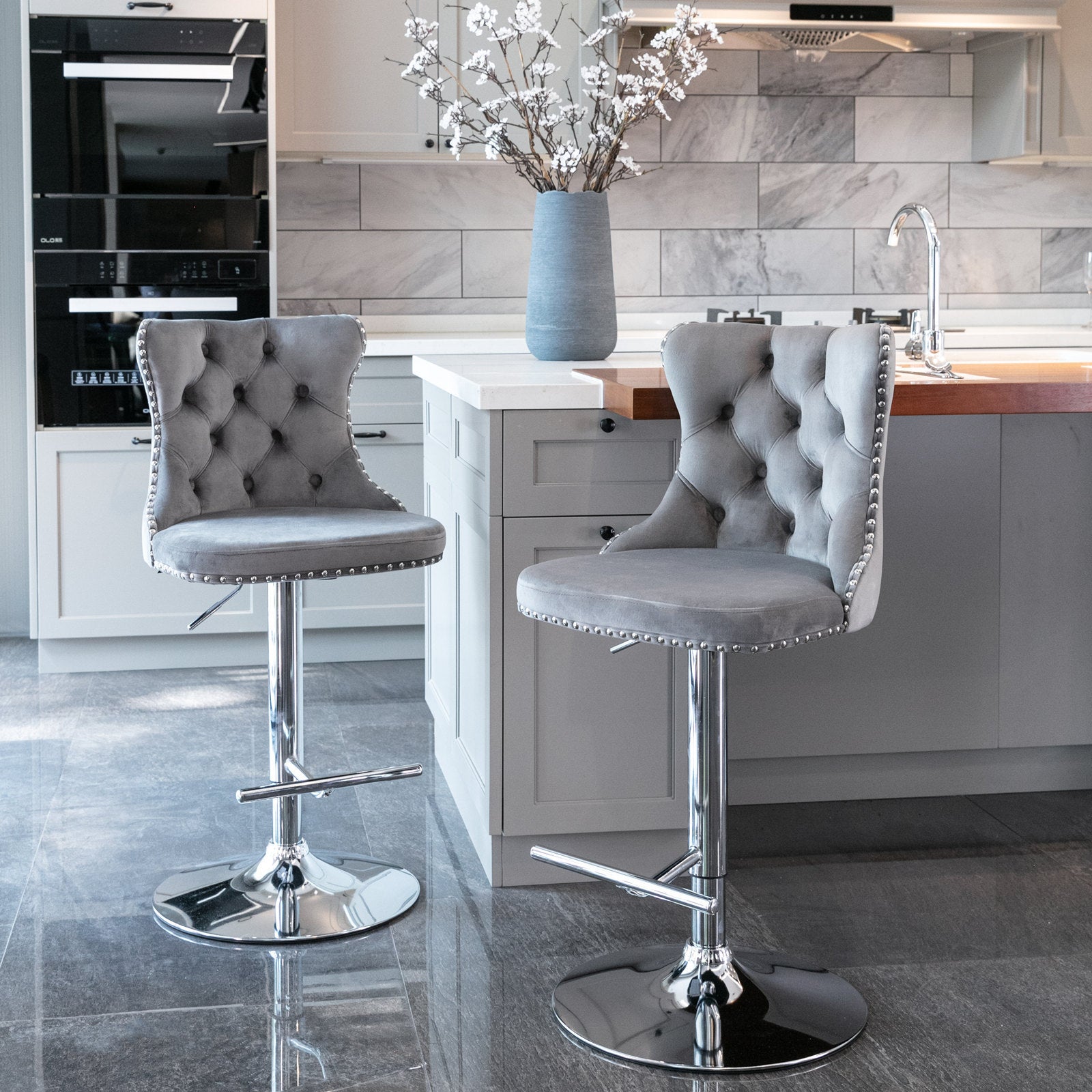 Set of 2 Gray Velvet Swivel Adjustable Height Bar Stools with Tufted Highback