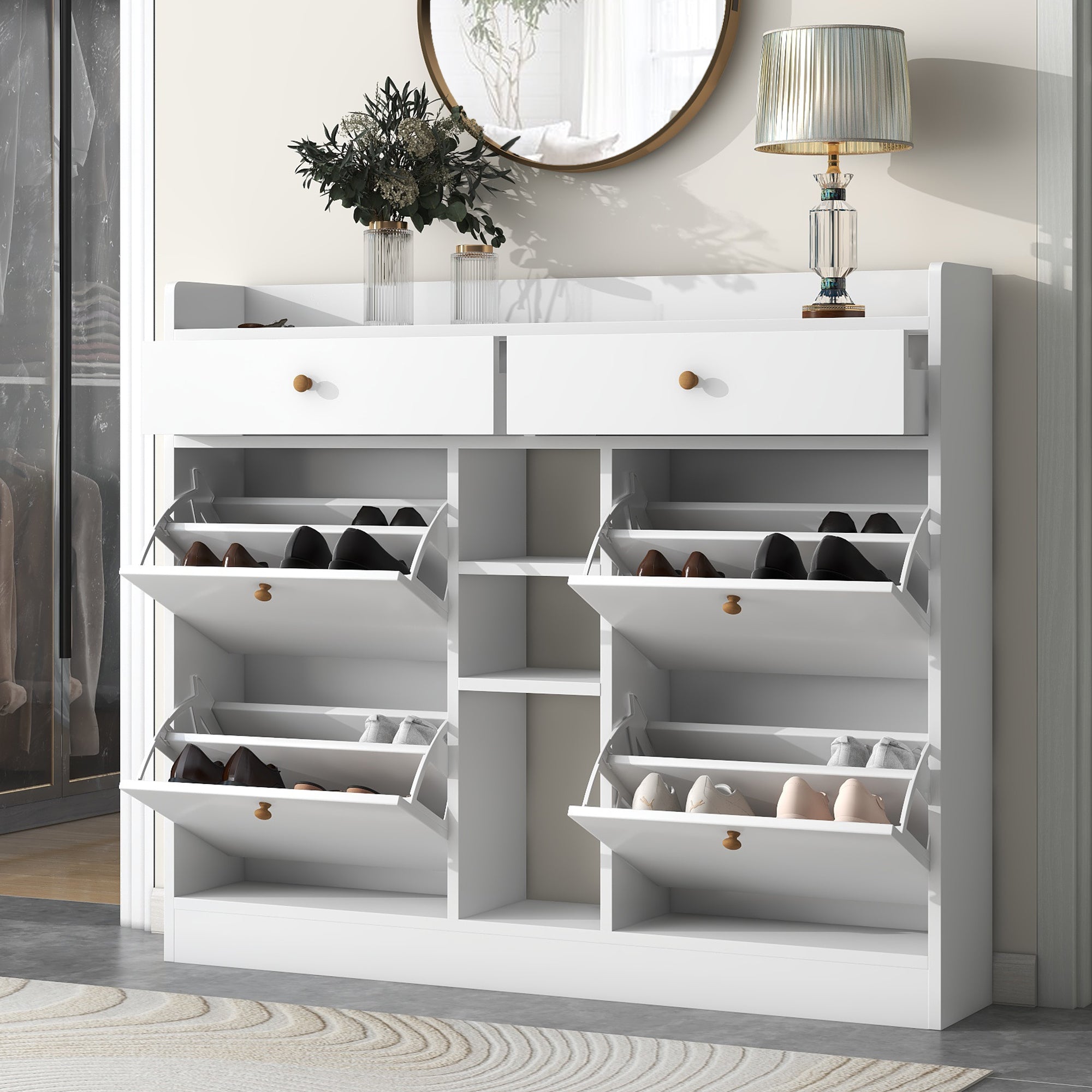 50.70" White Modern Shoe Rack Cabinet with 4 Flip Drawers