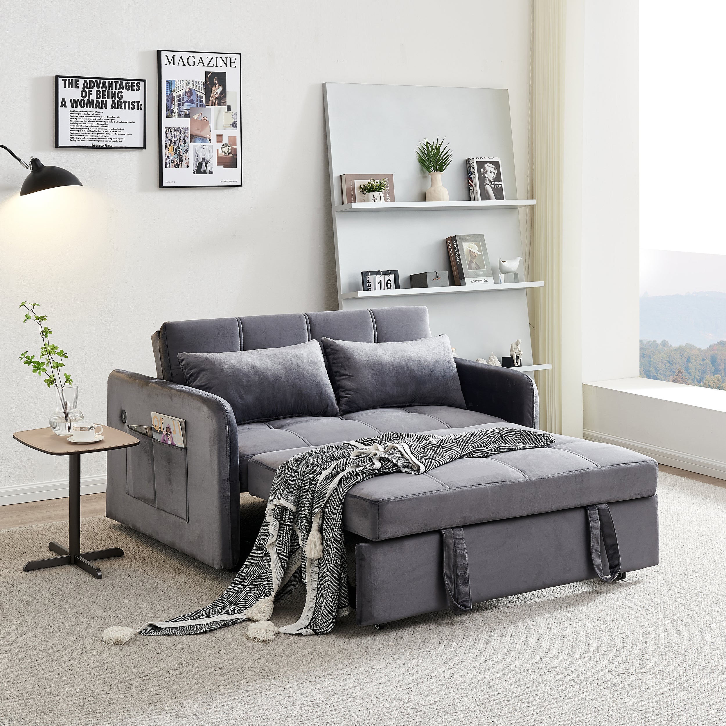 Matt Grey Velvet Convertible Sofa Bed Sleeper