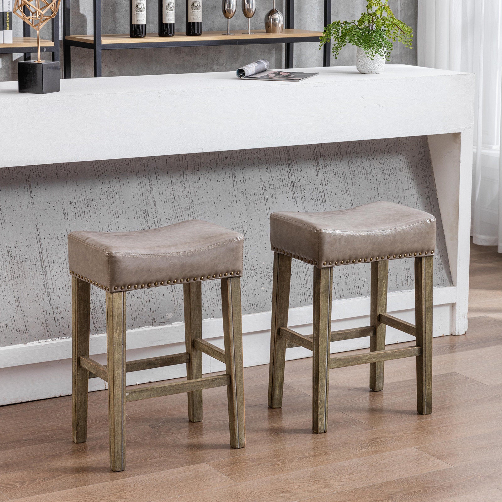 Set of 2 Gray Faux Leather Counter Stools with Wood Legs